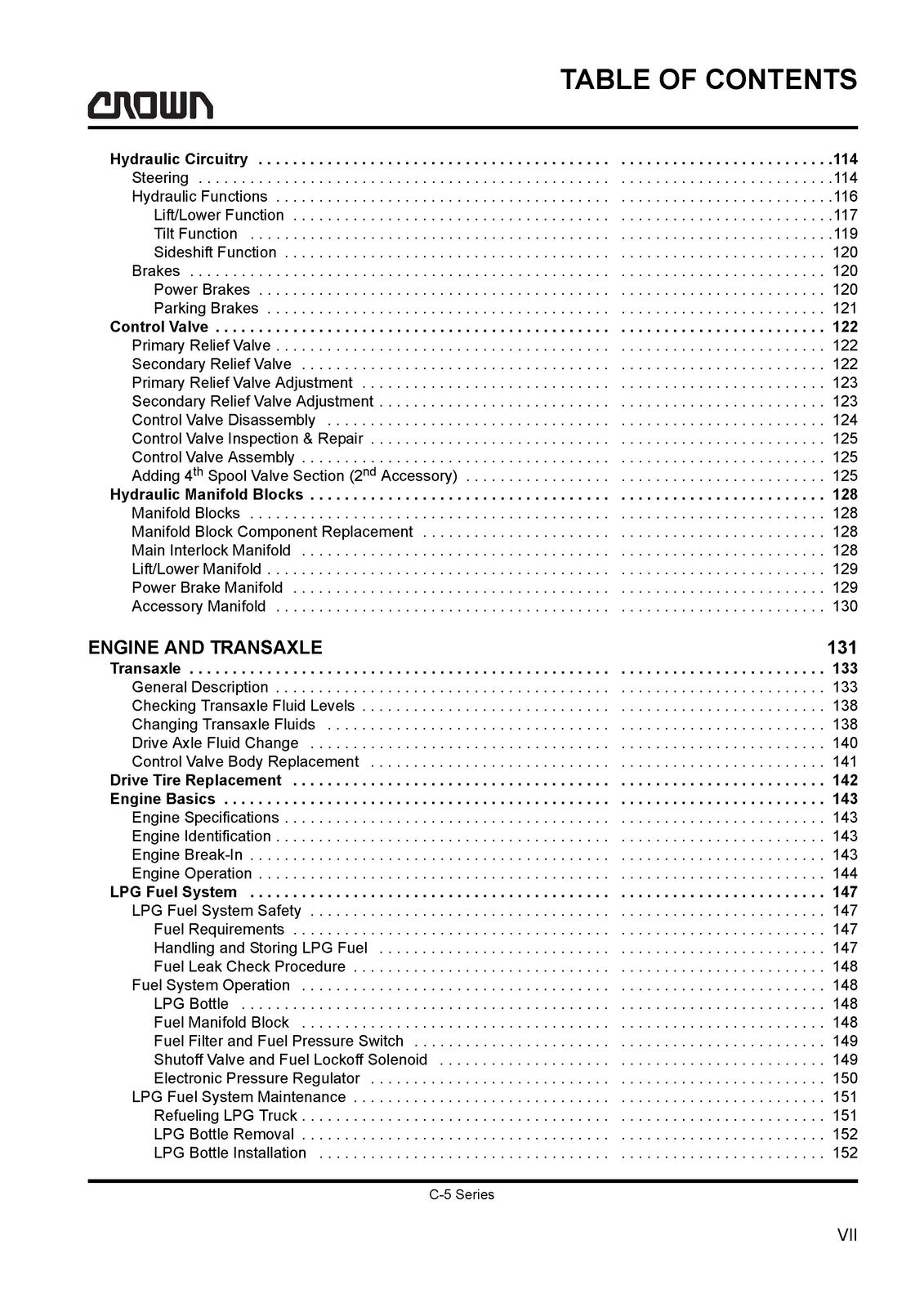 CROWN C-5 Series LPG Cushion Forklift Maintenance Manual - WIRE BOUND - COVERS