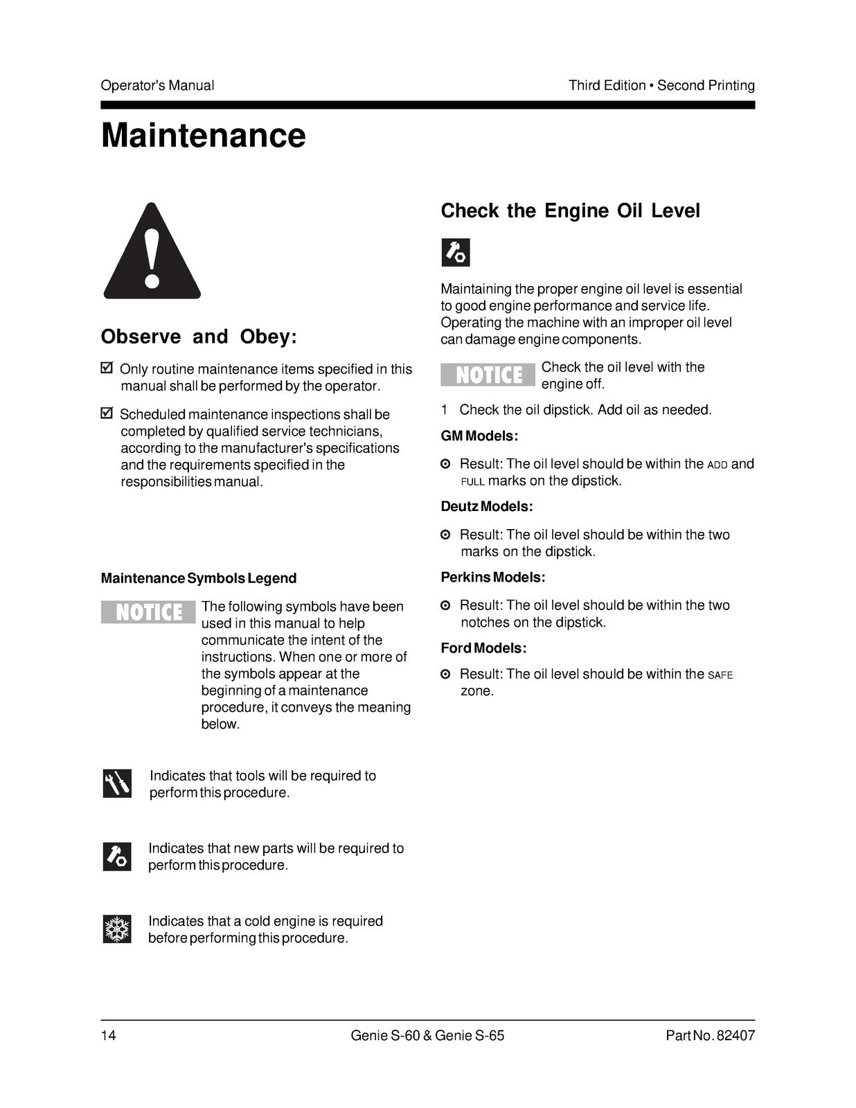 GENIE S-60 S-65 Operators Manual With Maintenance Information 2004 - WIRE BOUND
