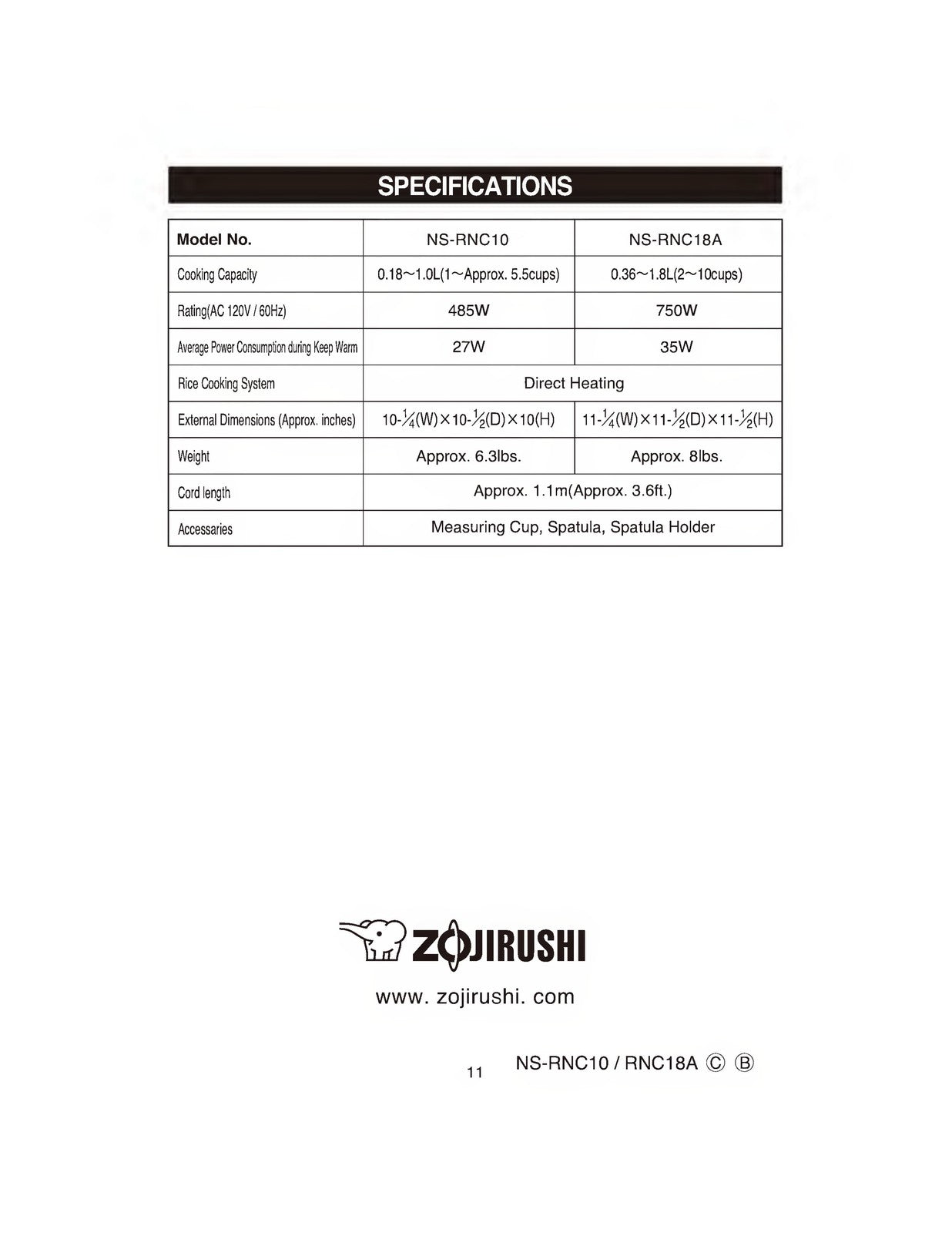 ZOJIRUSHI NS-RNC10 18A Electric Rice Cooker Operating Instructions Manual