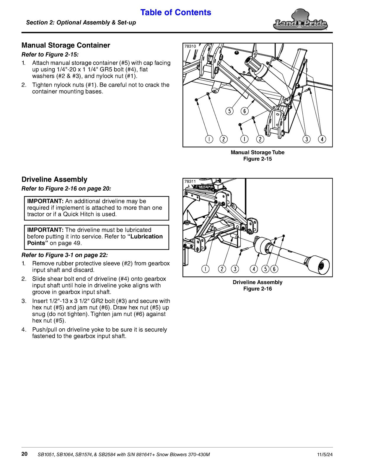 LAND PRIDE SB10 Series Snow Blowers Operators Manual - WIRE BOUND - TOUGH COVERS