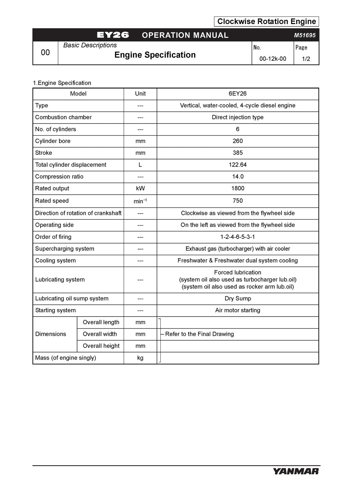 YANMAR 6EY26 Marine Propulsion Engine Operation Manual - WIRE BOUND - COVERS