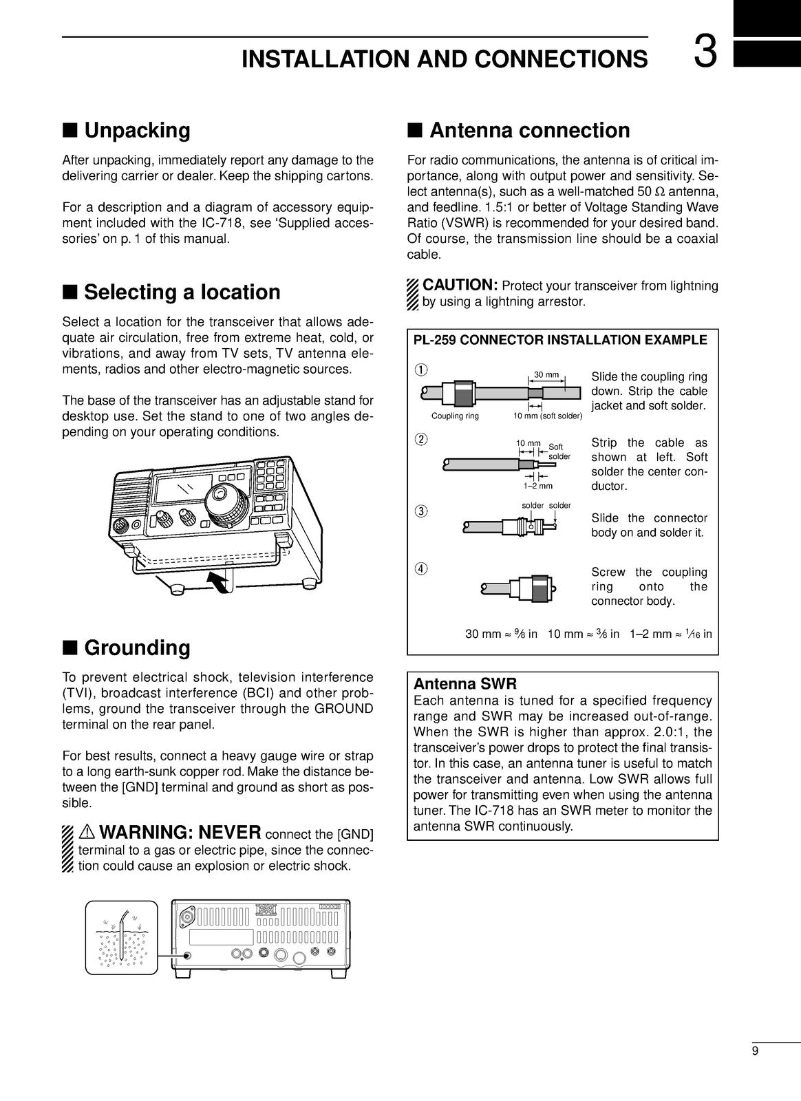 ICOM IC-718 HF All Band Transceiver Instruction Manual - WIRE BOUND - COVERS