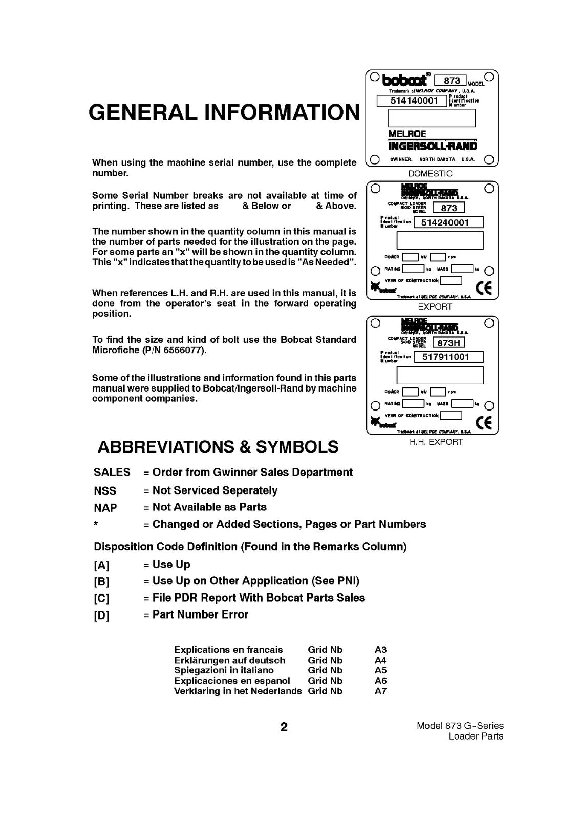 BOBCAT 873 G Series Parts Manual SN 514140001 514240001 517911001 Up - BOUND