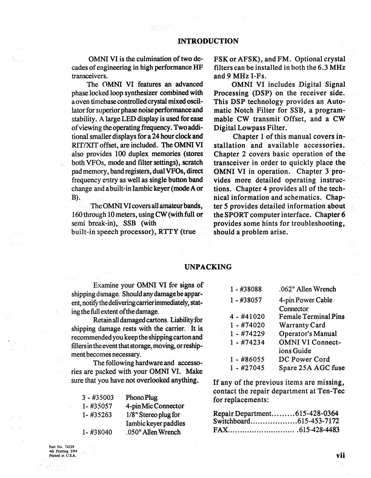 TEN TEC OMNI 6 Model 563 HF Transceiver Operator Manual, BOUND, COVERS, FOLDOUTS