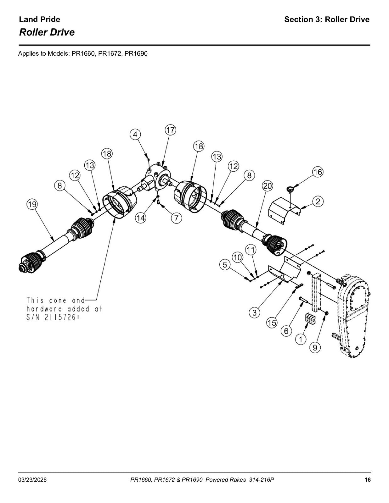 LAND PRIDE PR16 Series Powered Rakes Parts Manual 2026 - WIRE BOUND - COVERS
