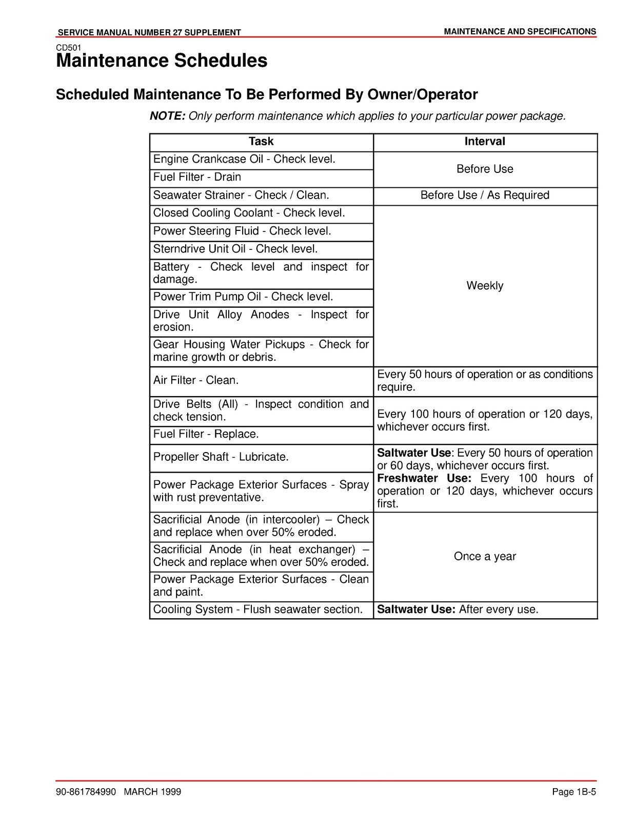 MERCURY MERCRUISER NO 27 SUPPLEMENT SERIAL OLO50050 UP SERVICE MANUAL - BOUND