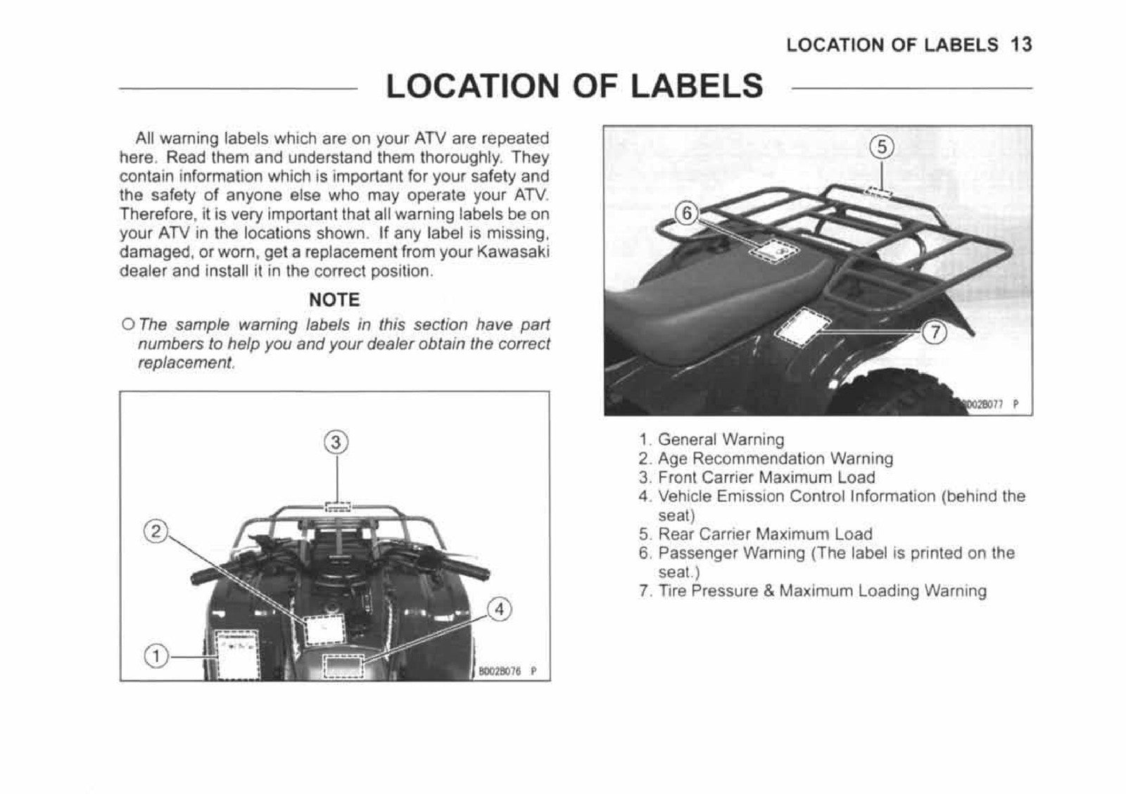 KAWASAKI Bayou 250 Owners Manual 2005 - STEEL WIRE BOUND - PROTECTIVE COVERS