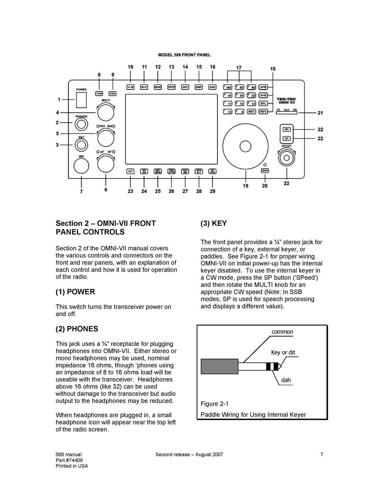 TEN TEC Omni 7 Model 588 HF Transceiver Operators Manual - WIRE BOUND - COVERS