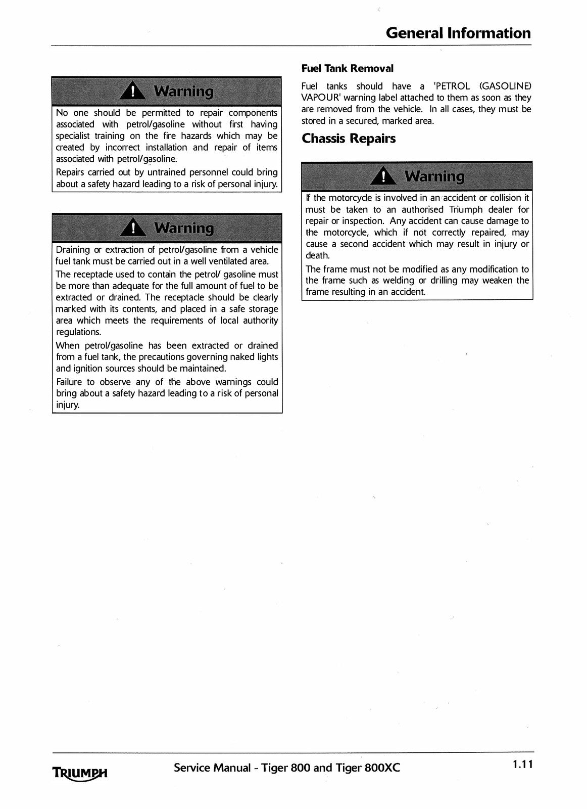 TRIUMPH Tiger 800 800XC Motorcycle Service Manual 2010, BOUND, COVERS, FOLDOUTS
