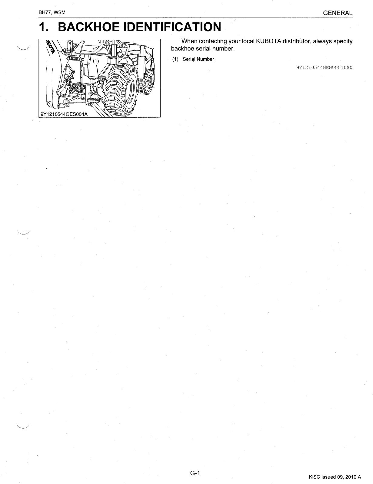 KUBOTA BH77 Backhoe Workshop Manual 2010 - STEEL WIRE BOUND - PROTECTIVE COVERS