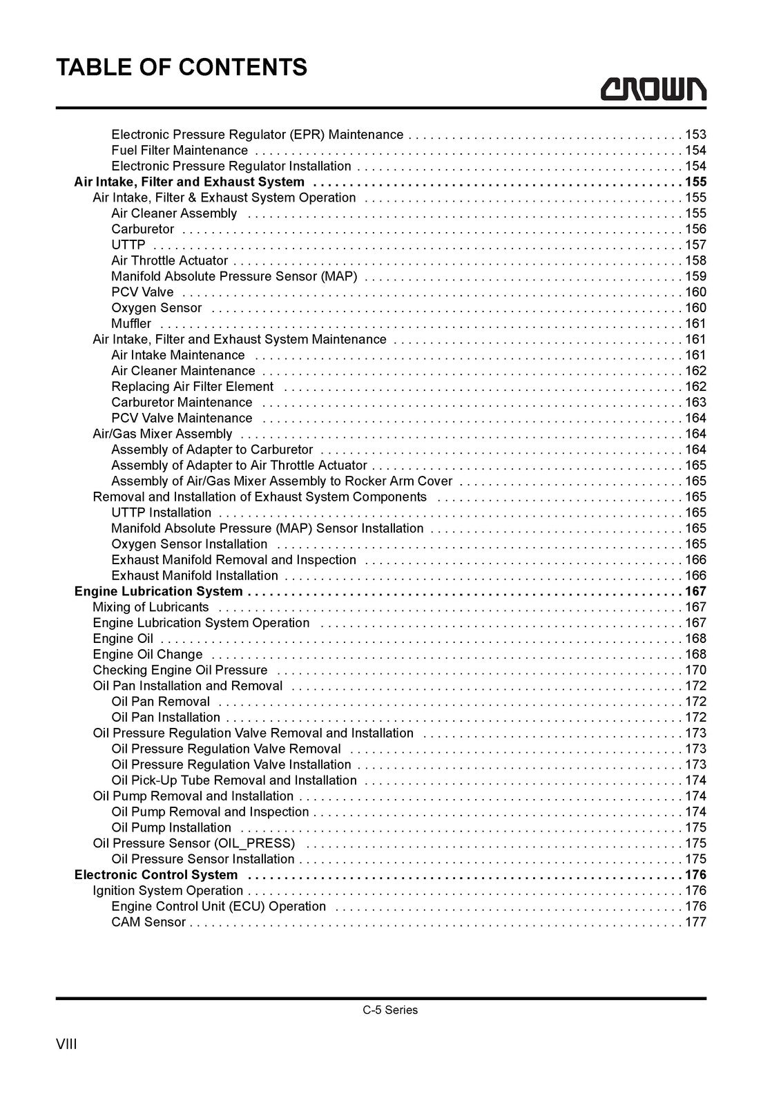 CROWN C-5 Series LPG Cushion Forklift Maintenance Manual - WIRE BOUND - COVERS