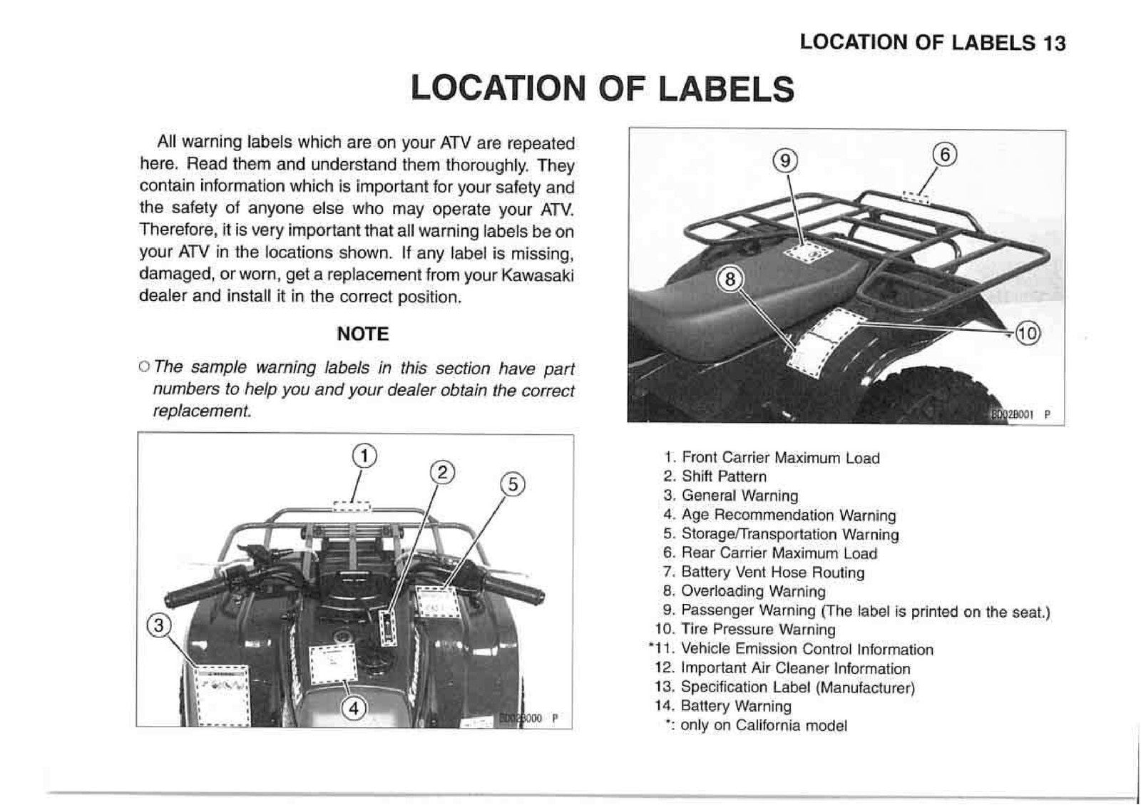 KAWASAKI Bayou 250 Owners Manual 2003 - STEEL WIRE BOUND - PROTECTIVE COVERS