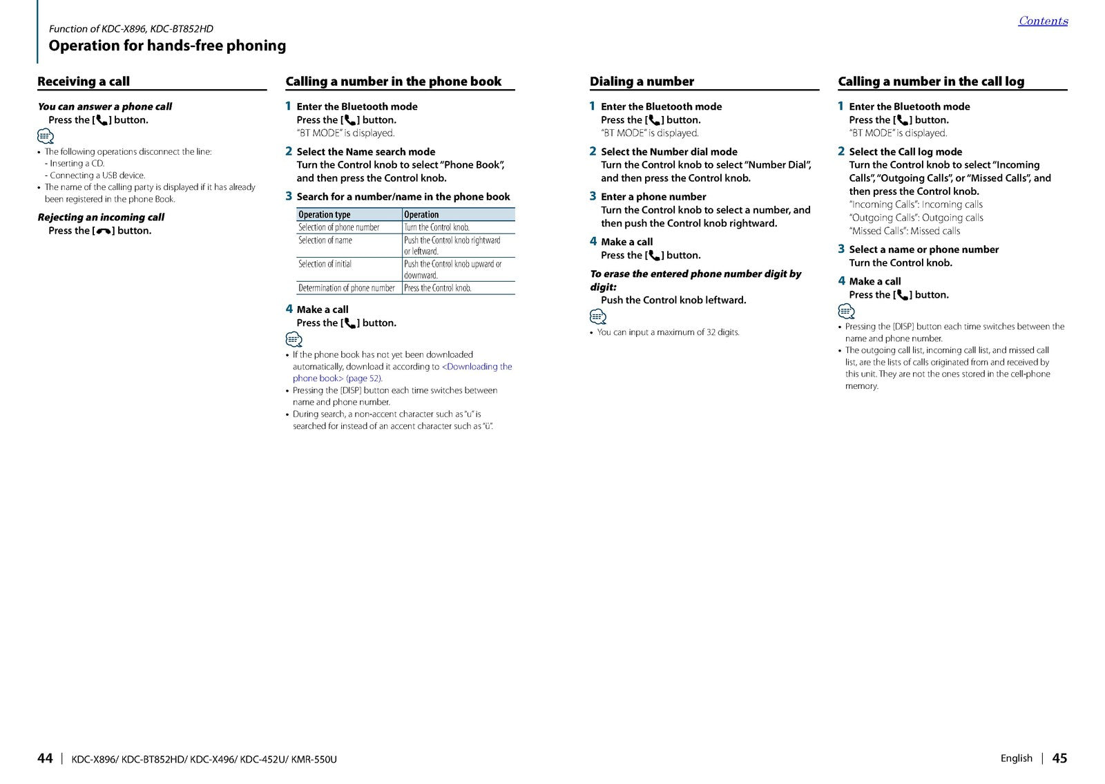KENWOOD KDC-X896 KDC-BT852HD KDC-X496 KDC-452U KMR-550U Instruction Manual