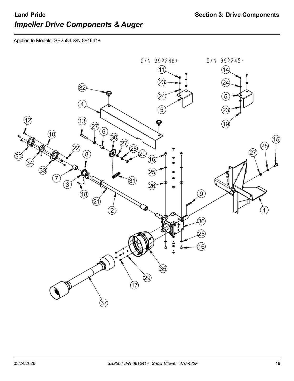 LAND PRIDE SB25 Series Snow Blowers Parts Manual 2026 - WIRE BOUND - COVERS