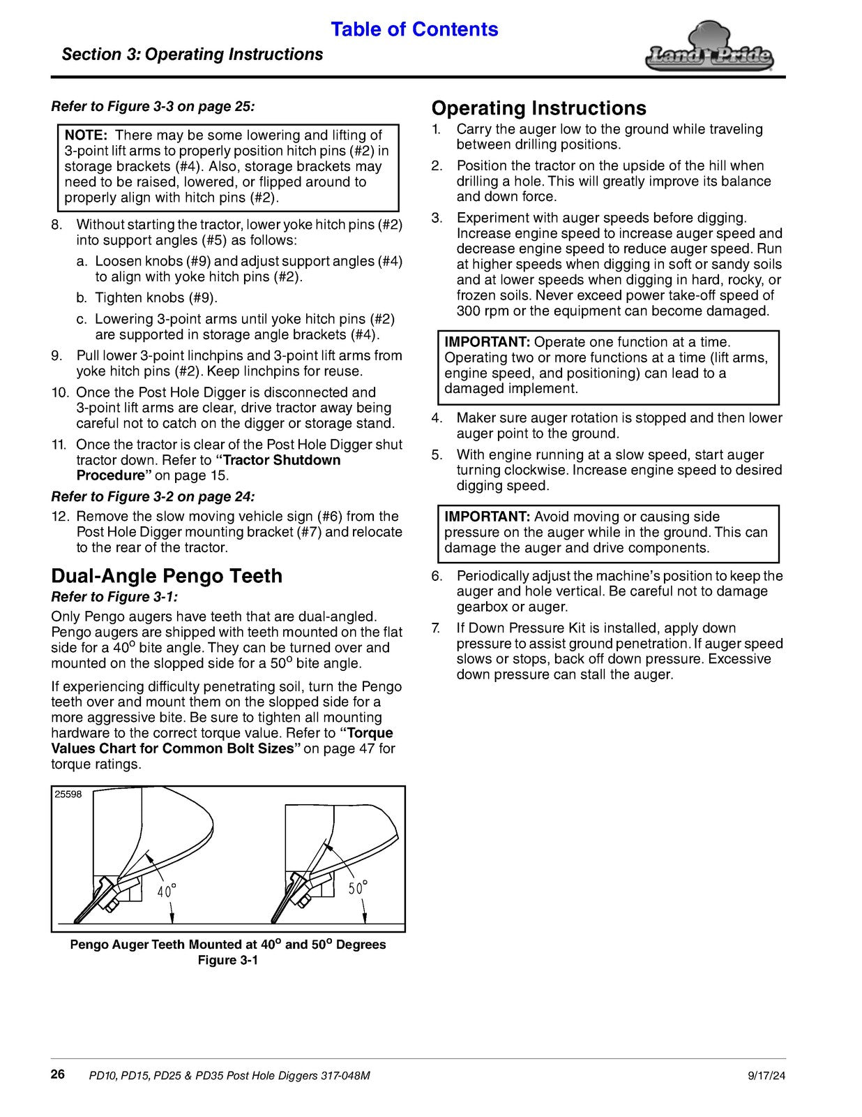 LAND PRIDE PD10 Series Post Hole Diggers Operators Manual - WIRE BOUND - COVERS