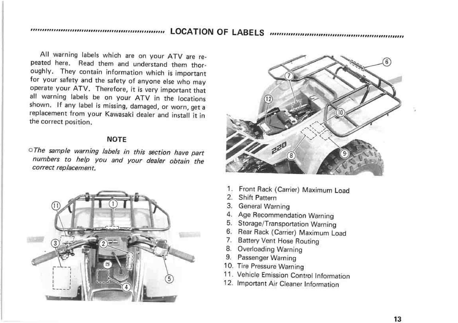 KAWASAKI Bayou 220 Owners Manual 1999 - STEEL WIRE BOUND - PROTECTIVE COVERS