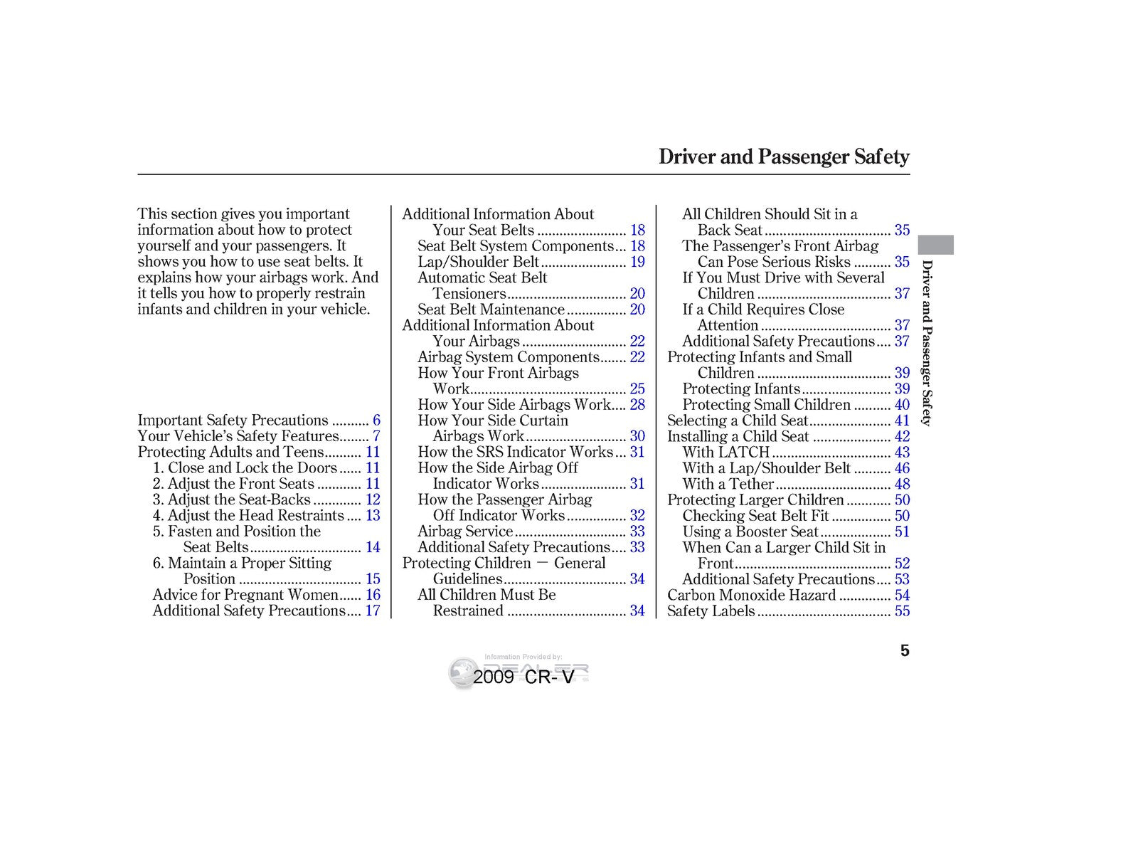 HONDA 2009 CR-V Owners Manual - STEEL WIRE BOUND - PROTECTIVE COVERS