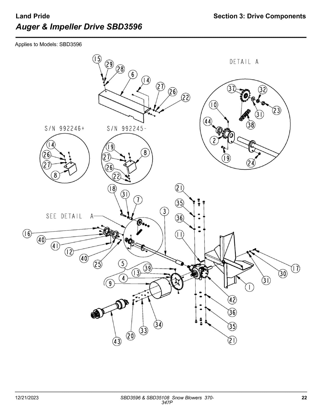 LAND PRIDE SBD3596 Series Snow Blowers Parts Manual 2023 - WIRE BOUND - COVERS