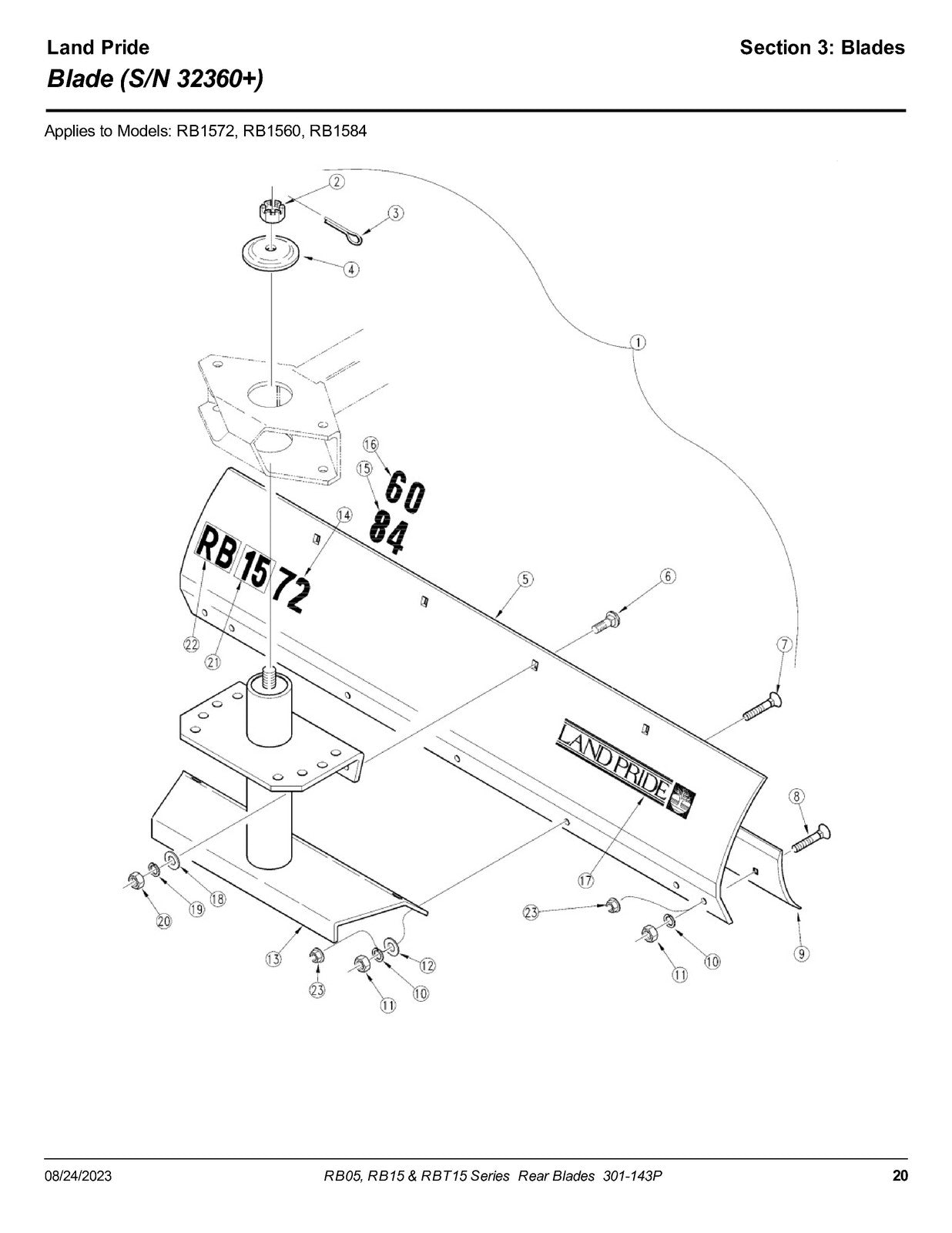 LAND PRIDE RB05 Series Rear Blades Parts Manual 2023 - WIRE BOUND - TOUGH COVERS