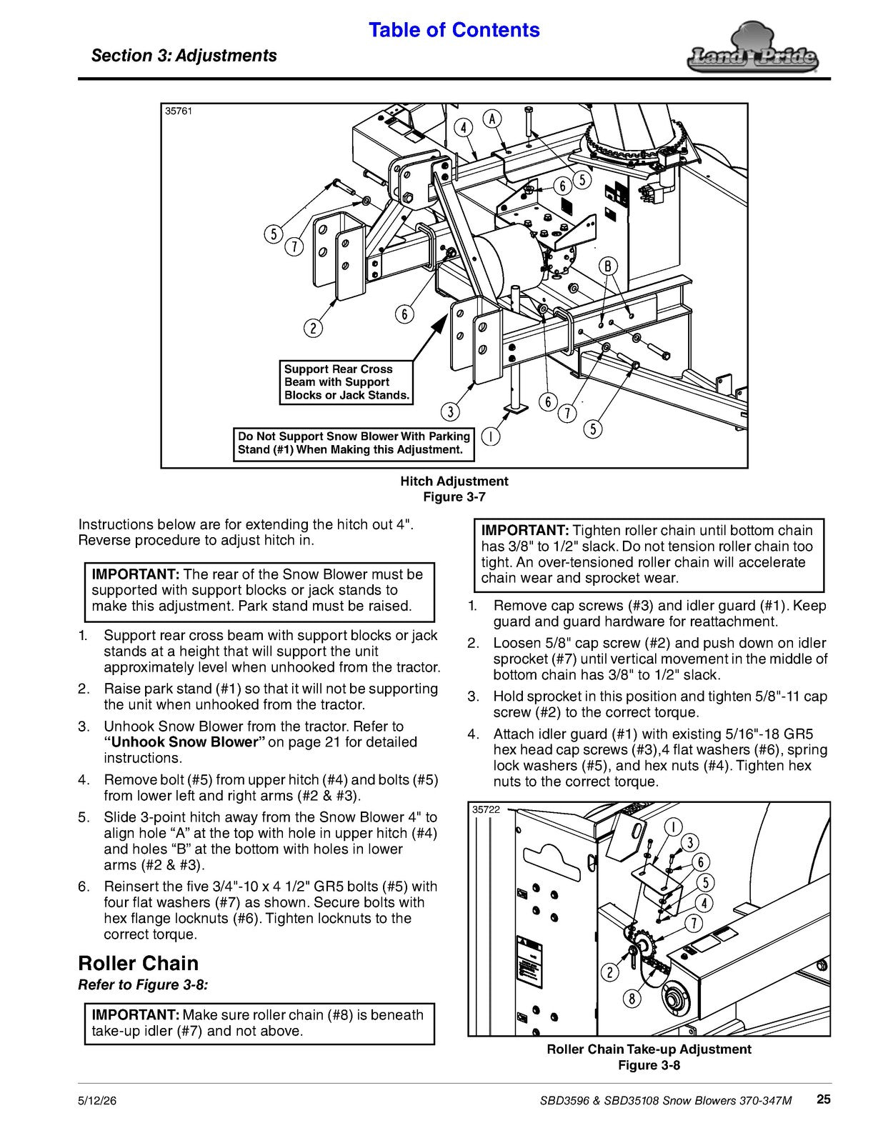 LAND PRIDE SBD3596 Series Snow Blowers Operators Manual - WIRE BOUND - COVERS