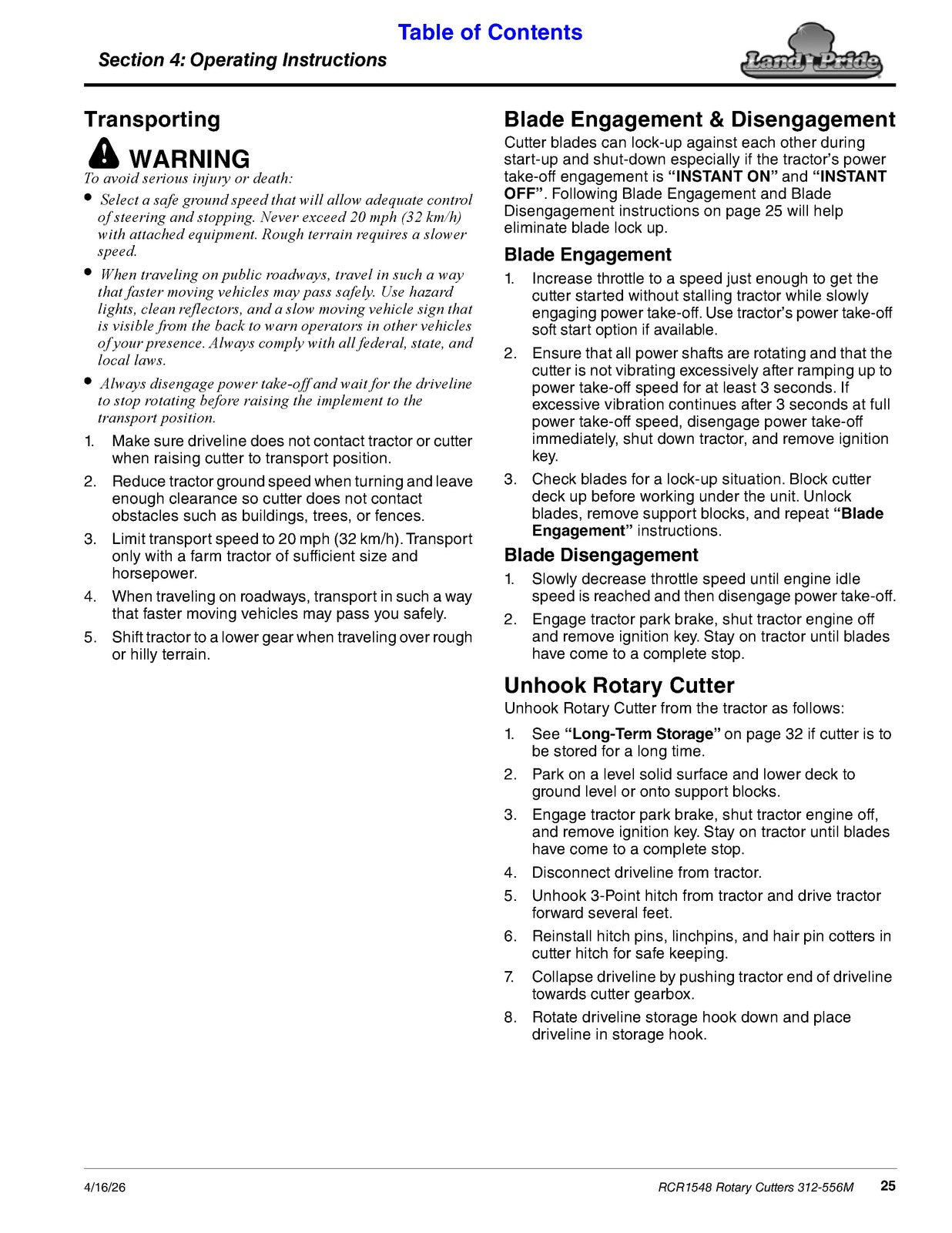 LAND PRIDE RCR1548 Rotary Cutter Operators Manual 2026 - WIRE BOUND - COVERS