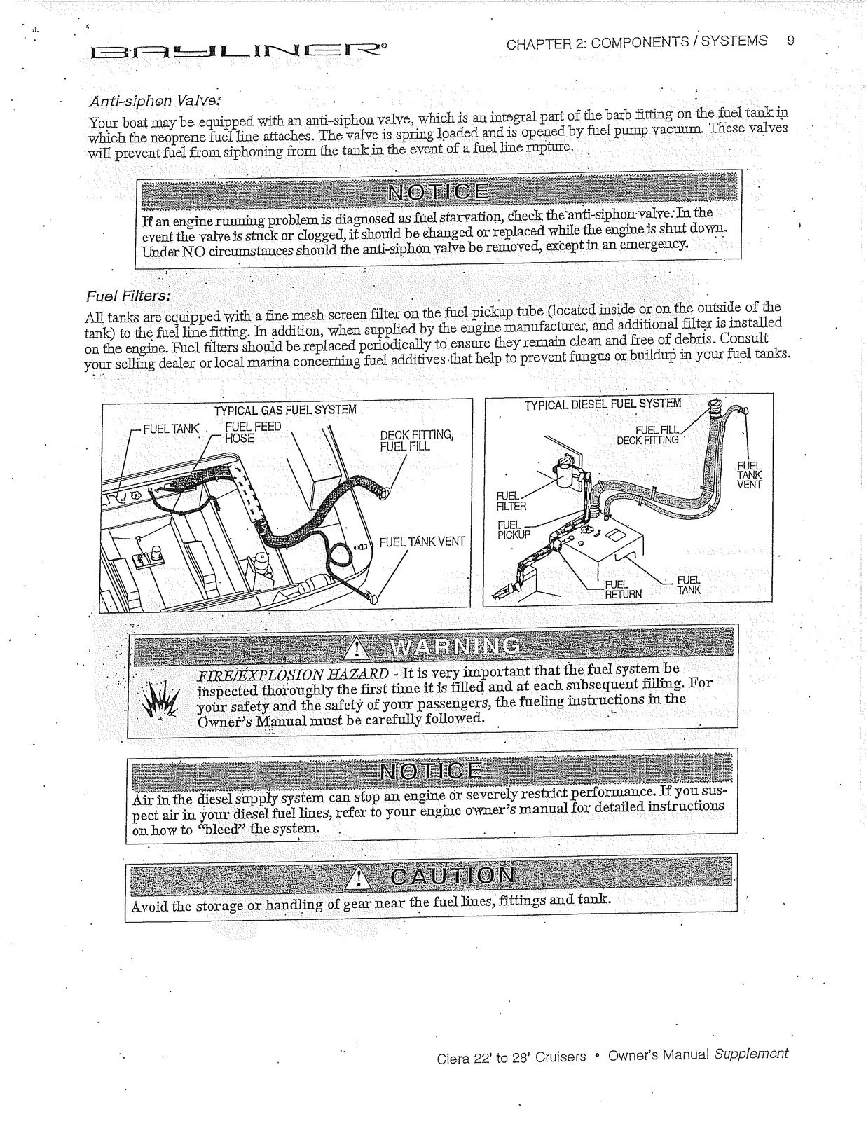 BAYLINER Ciera 22 To 28 Cruisers Owners Manual Supplement 1998 - WIRE BOUND