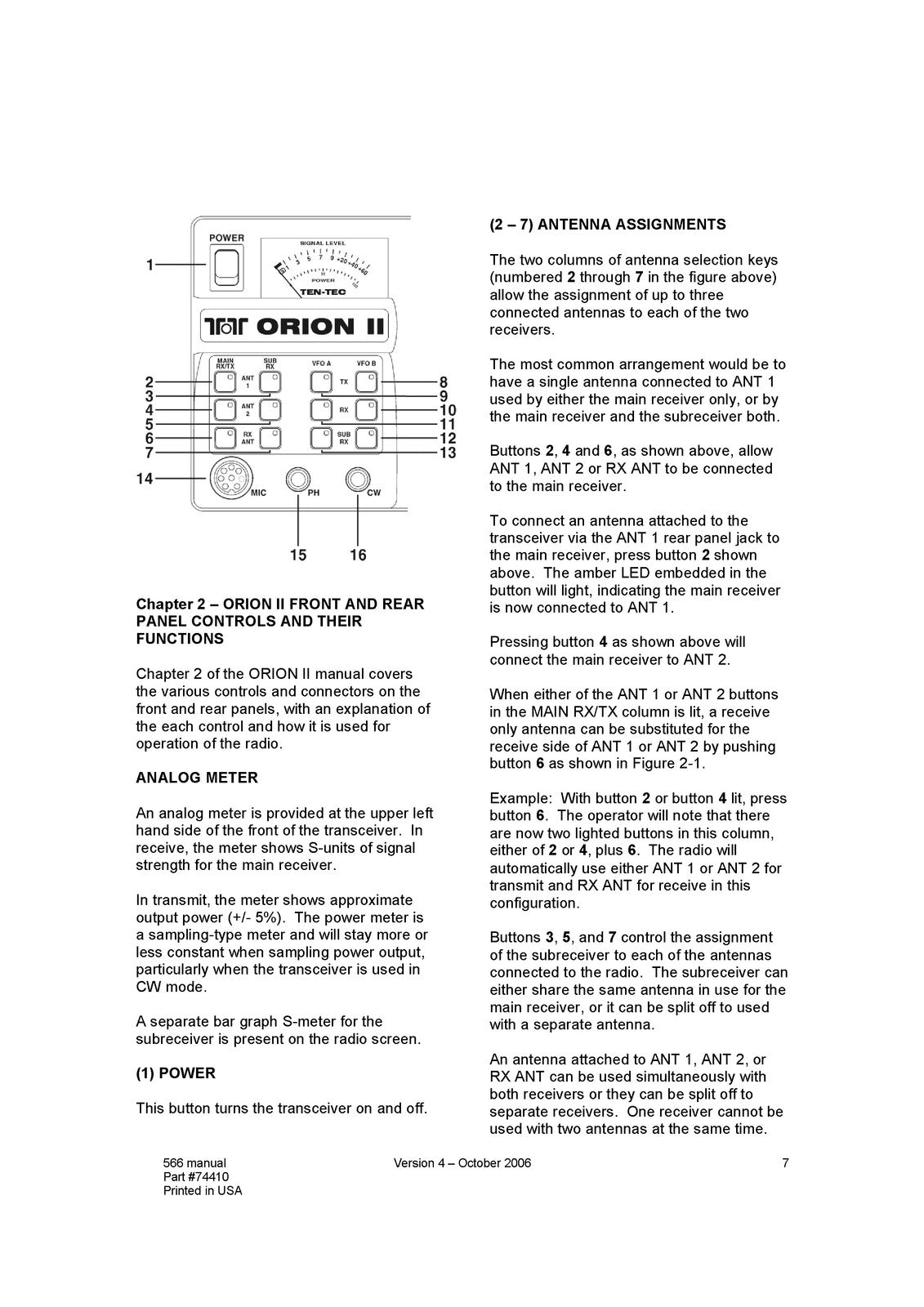 TEN TEC Orion 2 Model 566 Radio Transceiver Operators Manual - WIRE BOUND