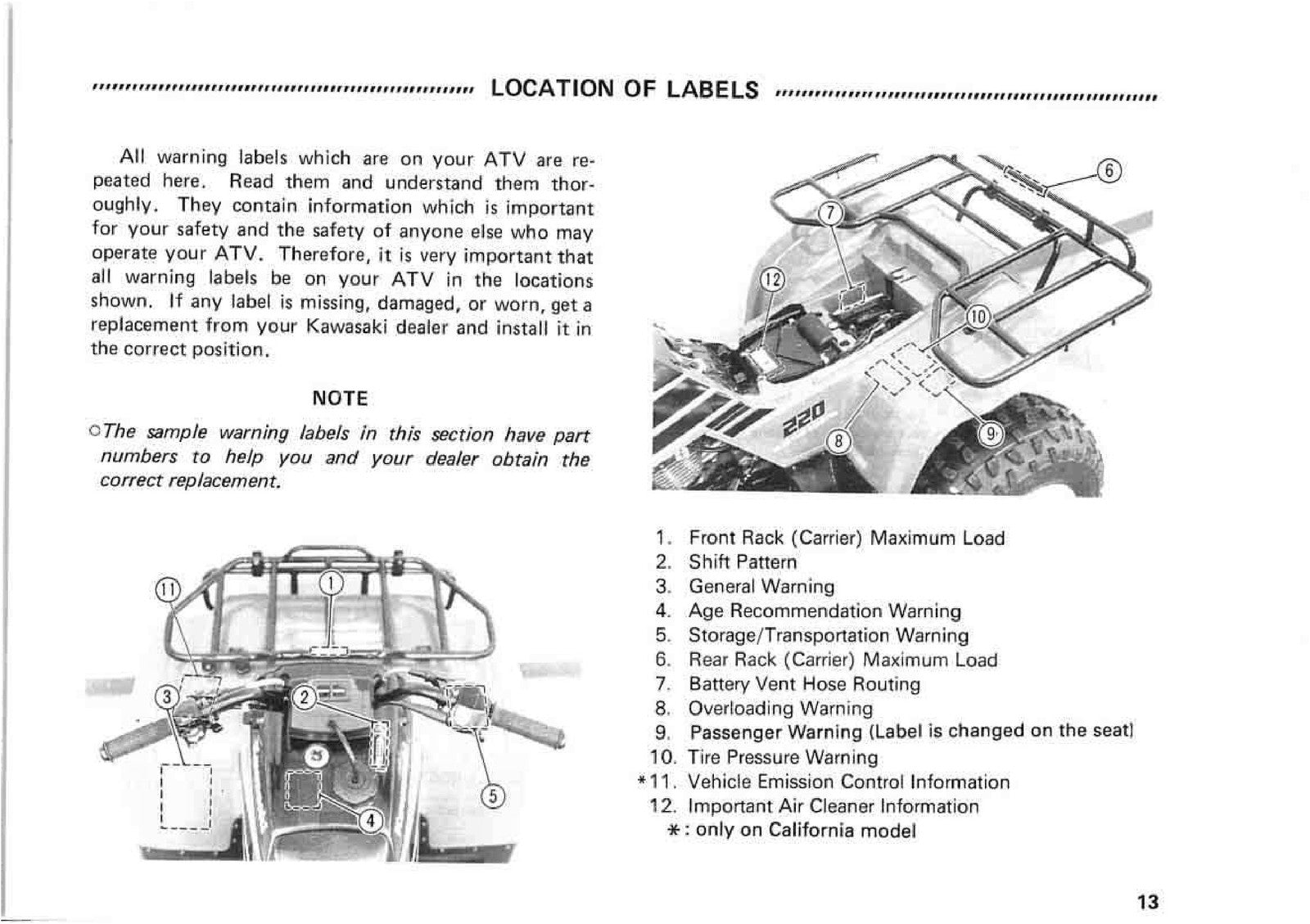 KAWASAKI Bayou 220 Owners Manual 2001 - STEEL WIRE BOUND - PROTECTIVE COVERS