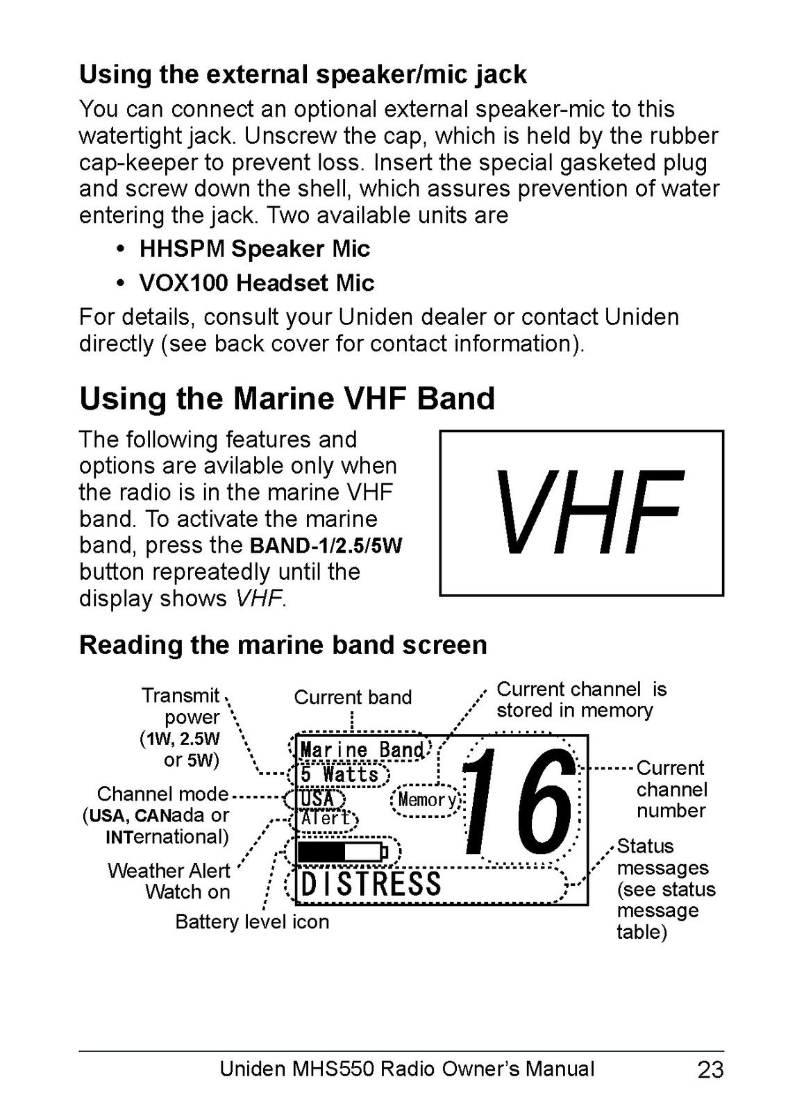 UNIDEN MHS550 Marine VHF Radio Owners Manual - STEEL WIRE BOUND - TOUGH COVERS