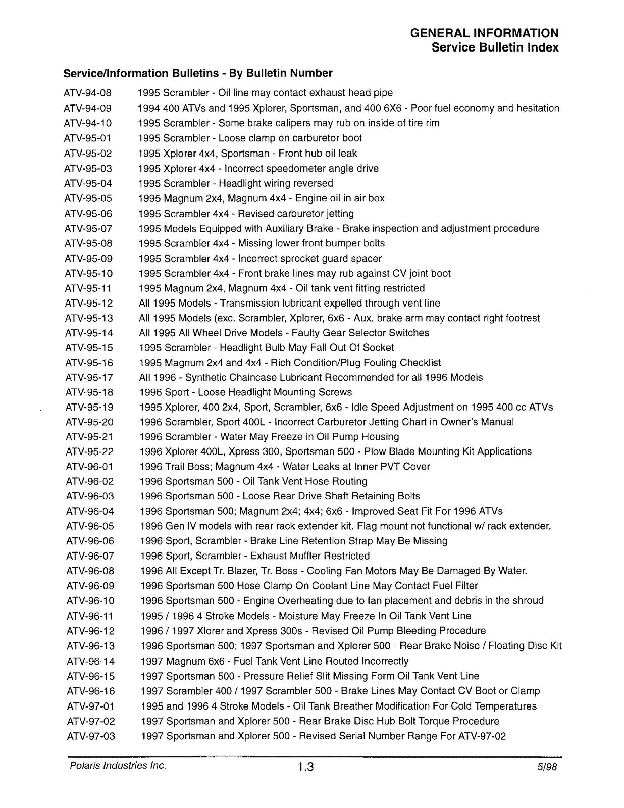 POLARIS ATV And Light Utility Vehicle Service Manual 1996-1998, FOLDOUTS