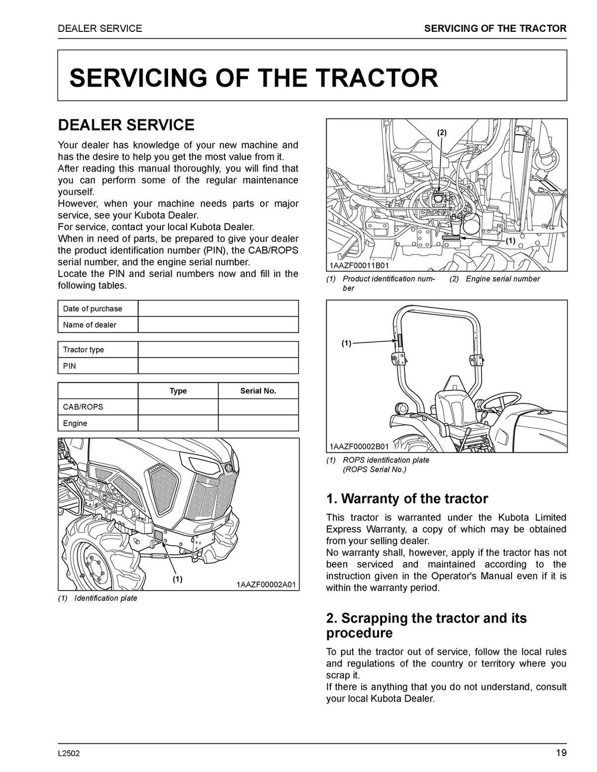 KUBOTA L2502 HST & LA526 Front Loader Operators Manual BUNDLE - WIRE BOUND