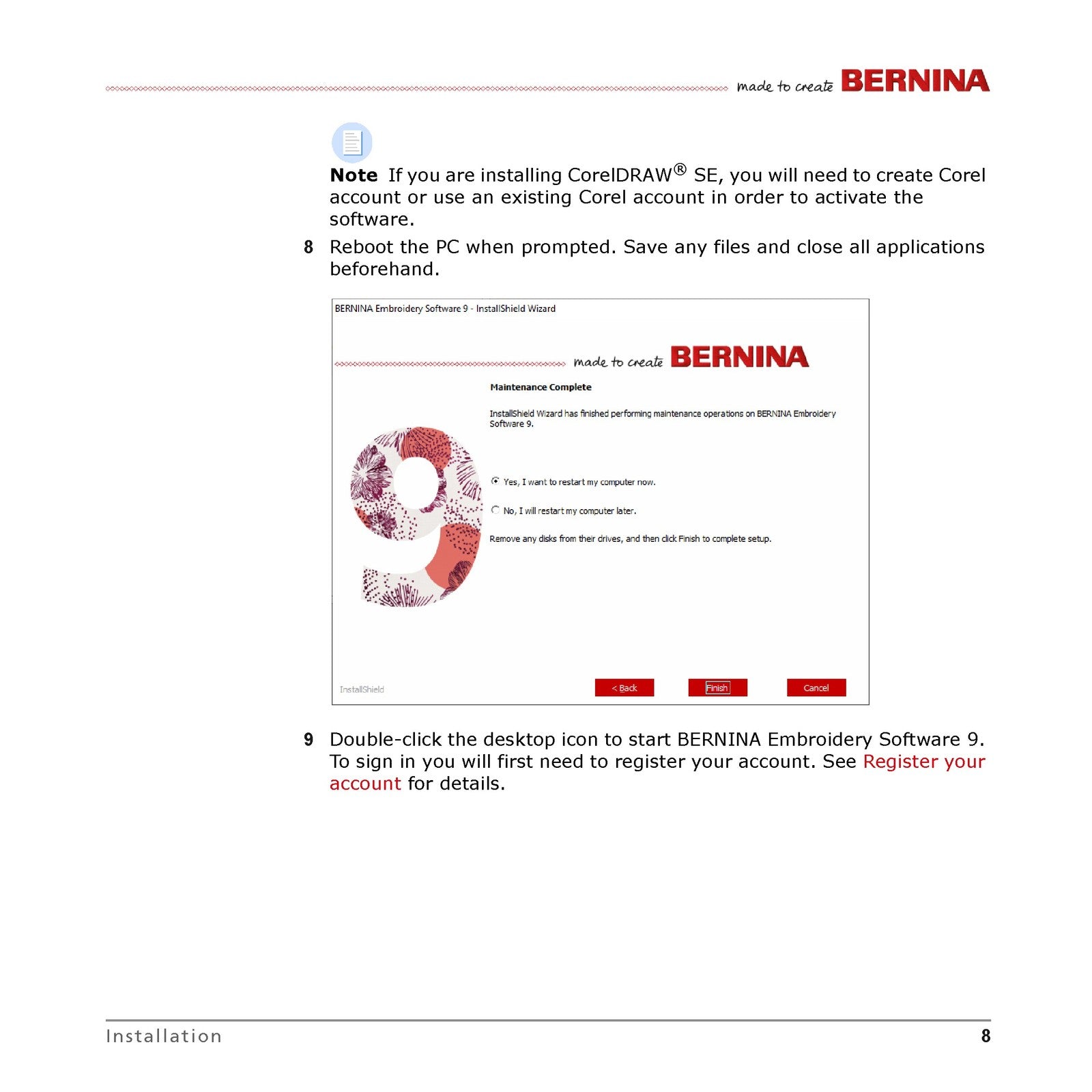 BERNINA Embroidery Software 9 Quick Start Guide Manual - WIRE BOUND - COVERS