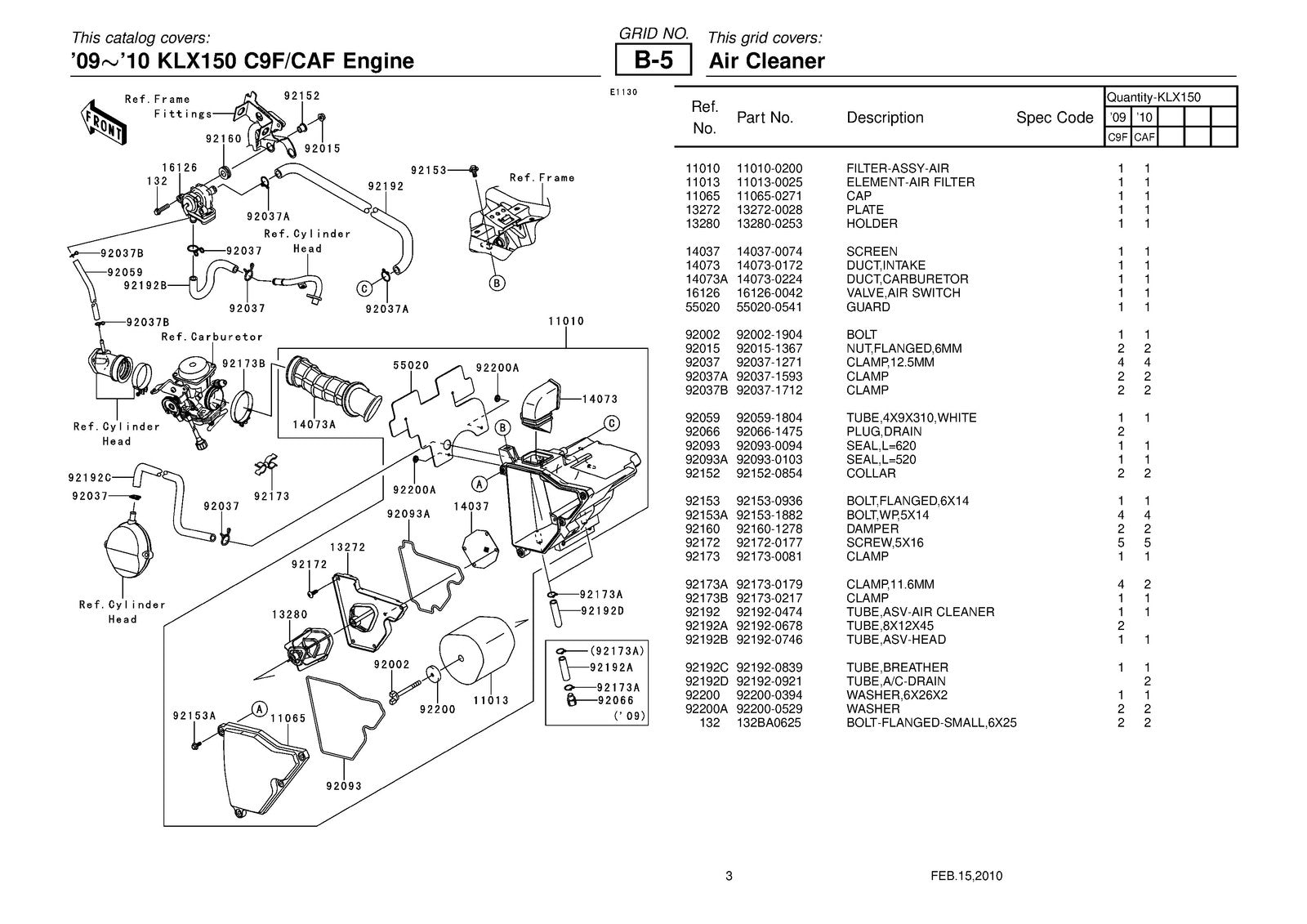 KAWASAKI KLX150 C9F CAF Parts Catalog Manual 2009 2010 - WIRE BOUND - COVERS