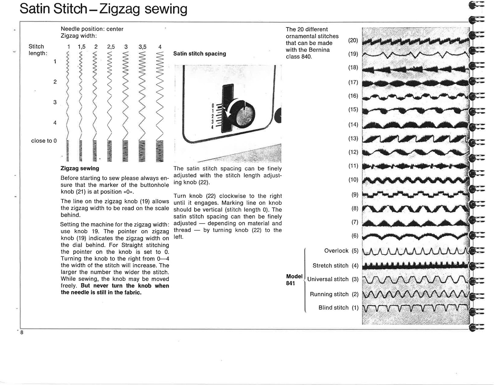 BERNINA 840 841 842 Sewing Machine Instruction Manual - WIRE BOUND - COVERS