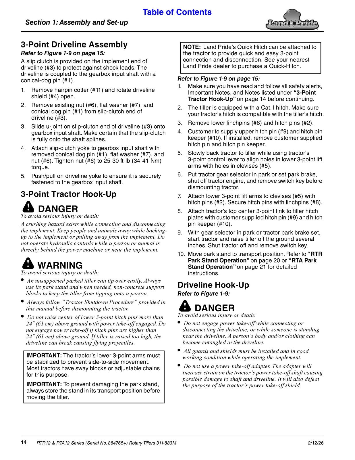 LAND PRIDE RTA12 Series Forward Rotation Rotary Tillers Operators Manual - BOUND