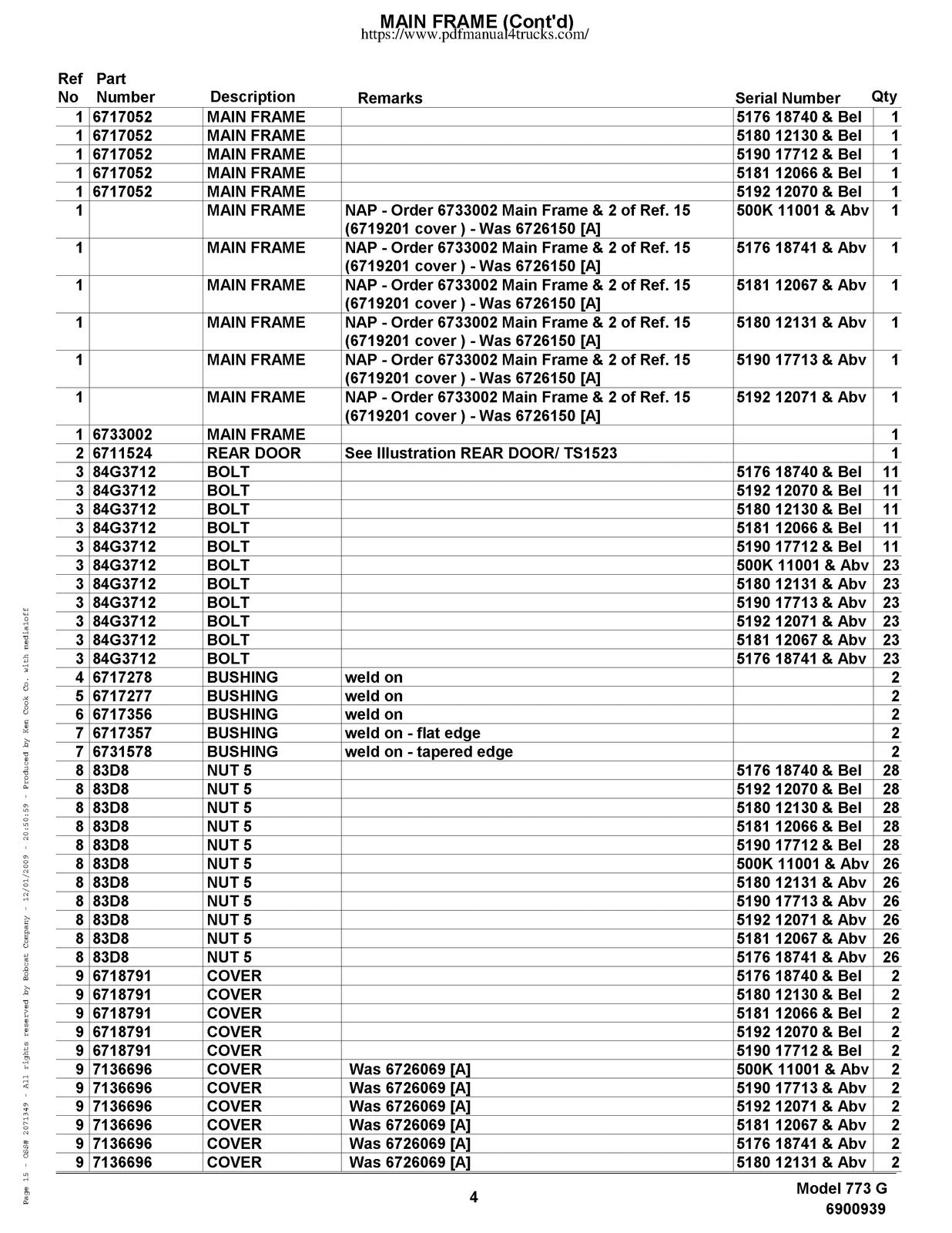 BOBCAT 773 G-Series Skid Steer Parts Manual 2009 SN 500K11001 Up - WIRE BOUND