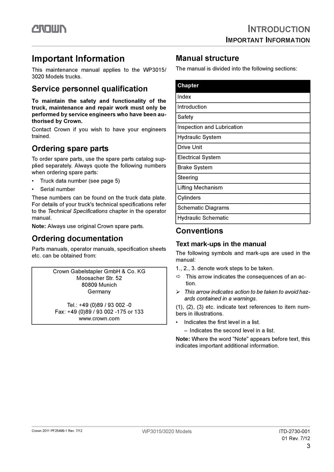 CROWN WP3015 WP3020 Walkie Pallet Truck Maintenance Manual - WIRE BOUND - COVERS