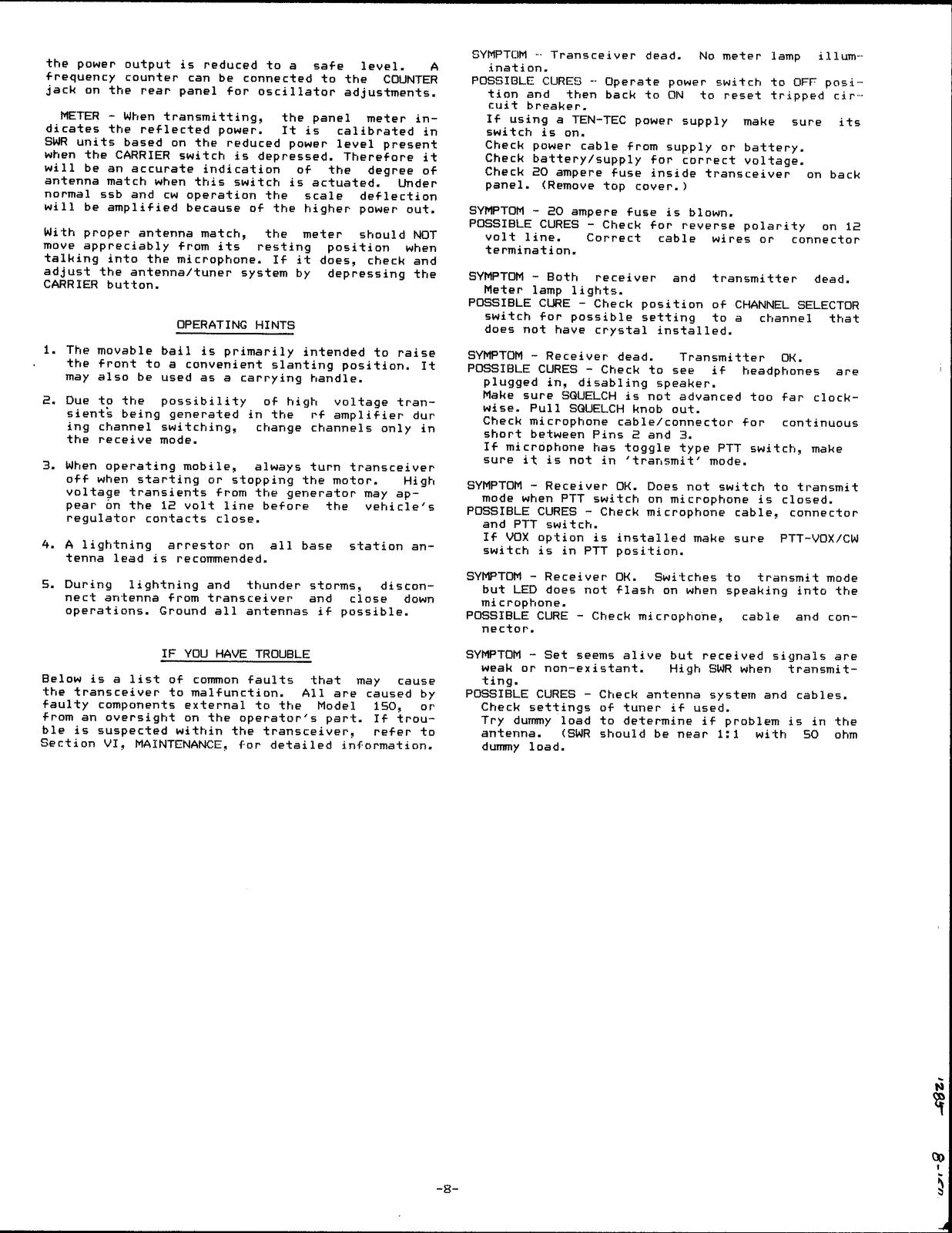 TEN TEC 150-A-B SSB Transceiver Operating Maintenance Manual - WIRE BOUND