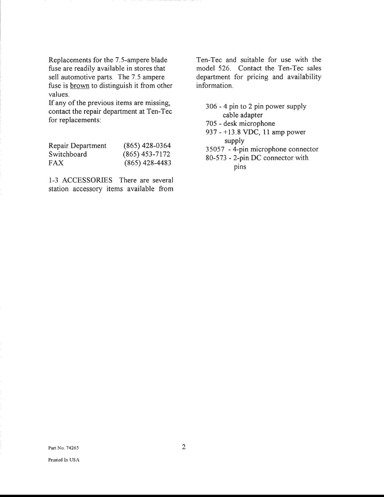 TEN TEC 6N2 Model 526 Operators Manual - STEEL WIRE BOUND - PROTECTIVE COVERS