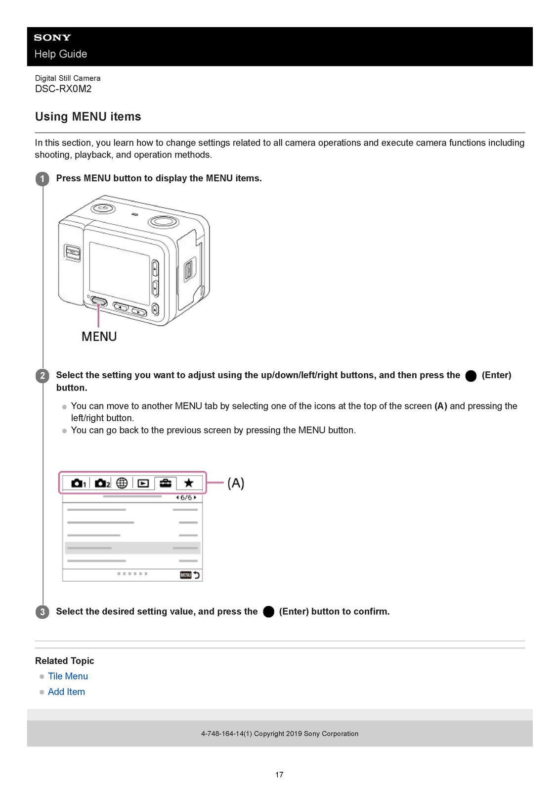 SONY DSC-RX0M2 Digital Still Camera Help Guide Manual 2019 - WIRE BOUND - COVERS