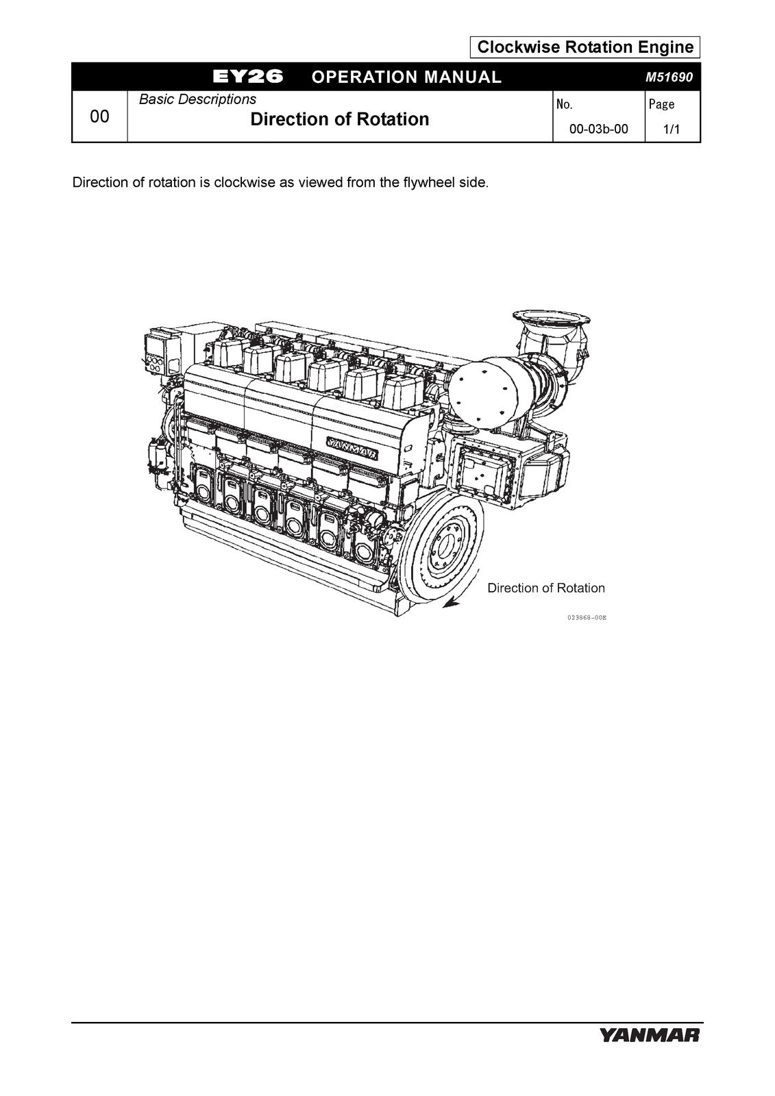 YANMAR 6EY26 Marine Propulsion Engine Operation Manual - WIRE BOUND - COVERS