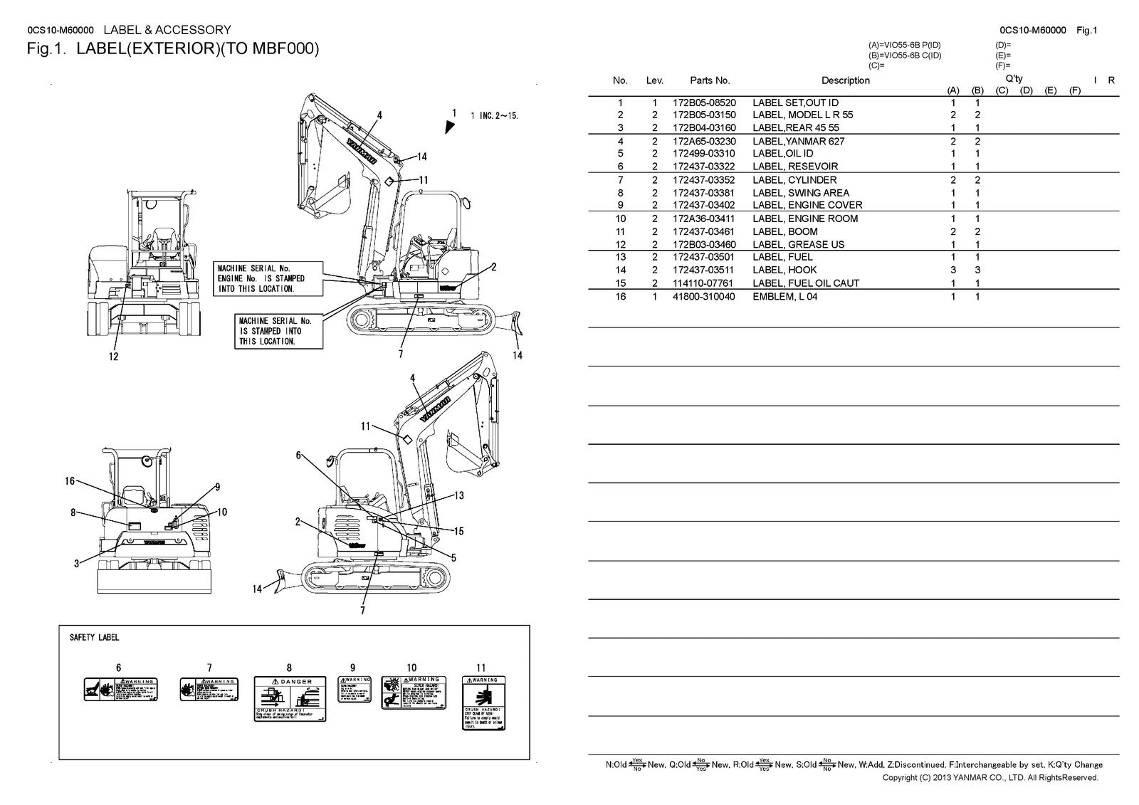 YANMAR ViO55-6B Excavator Parts Catalog Manual - STEEL WIRE BOUND - TOUGH COVERS