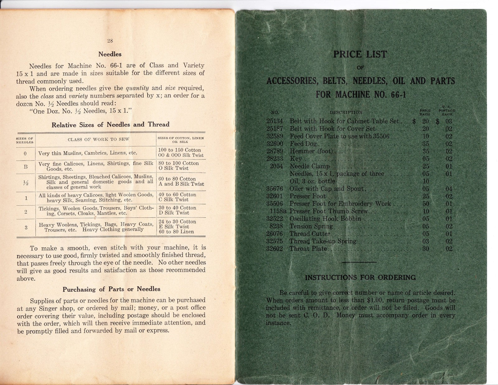 SINGER 66-1 Sewing Machine Instruction Manual - STEEL WIRE BOUND - TOUGH COVERS