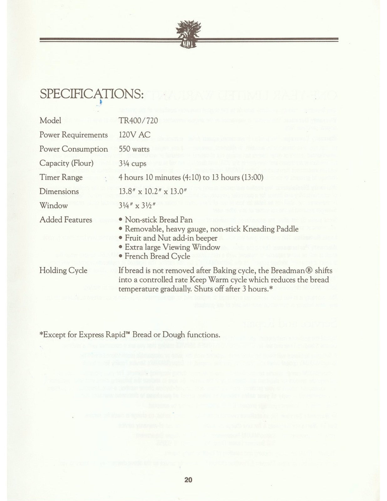 BREADMAN TR-400 Automatic Bread Baker Instruction Manual - WIRE BOUND - COVERS