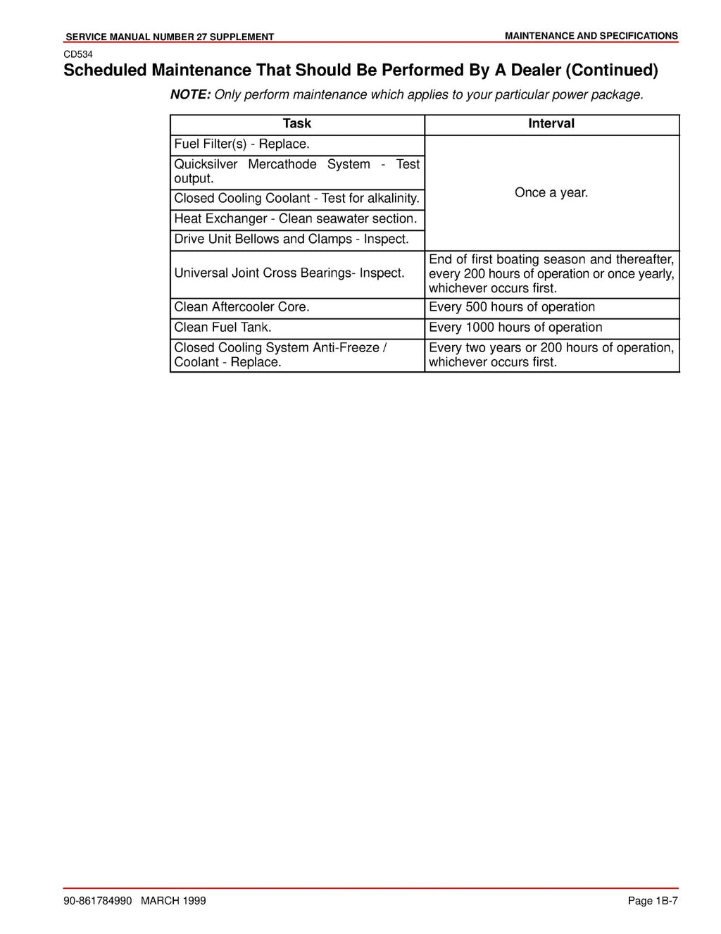 MERCURY MERCRUISER NO 27 SUPPLEMENT SERIAL OLO50050 UP SERVICE MANUAL - BOUND