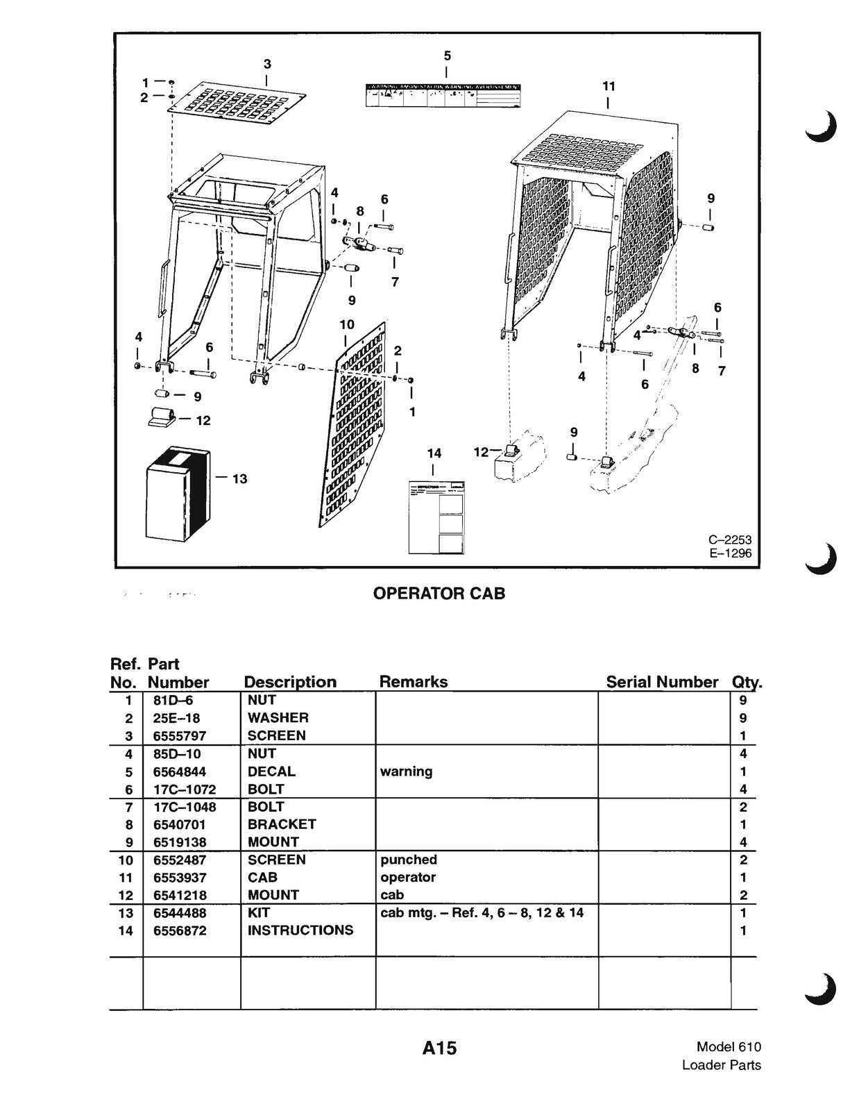 BOBCAT 610 Parts Manual 1999 - STEEL WIRE BOUND - PROTECTIVE COVERS