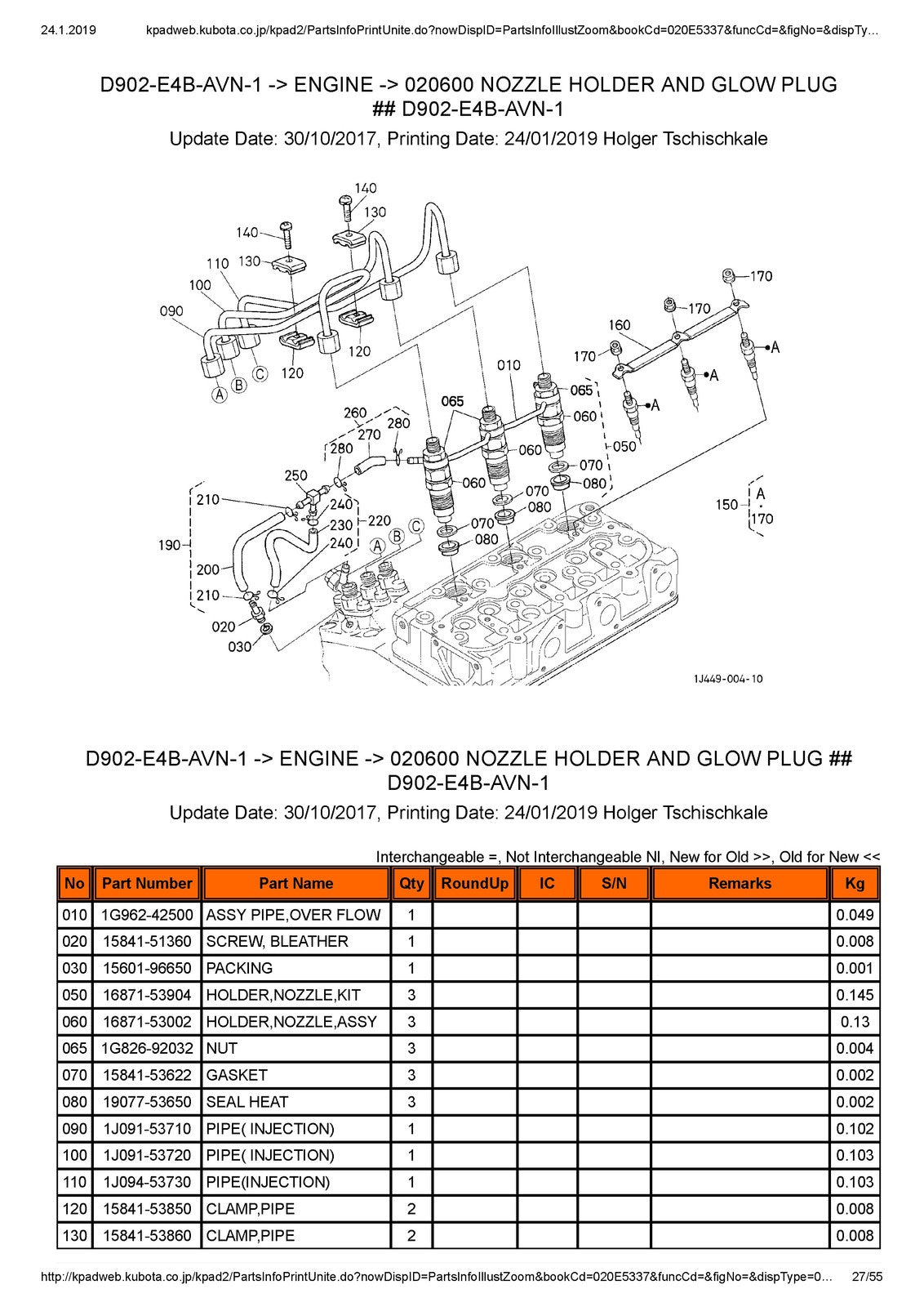 KUBOTA D902-E4B Engine Illustrated Parts List Manual - WIRE BOUND - TOUGH COVERS