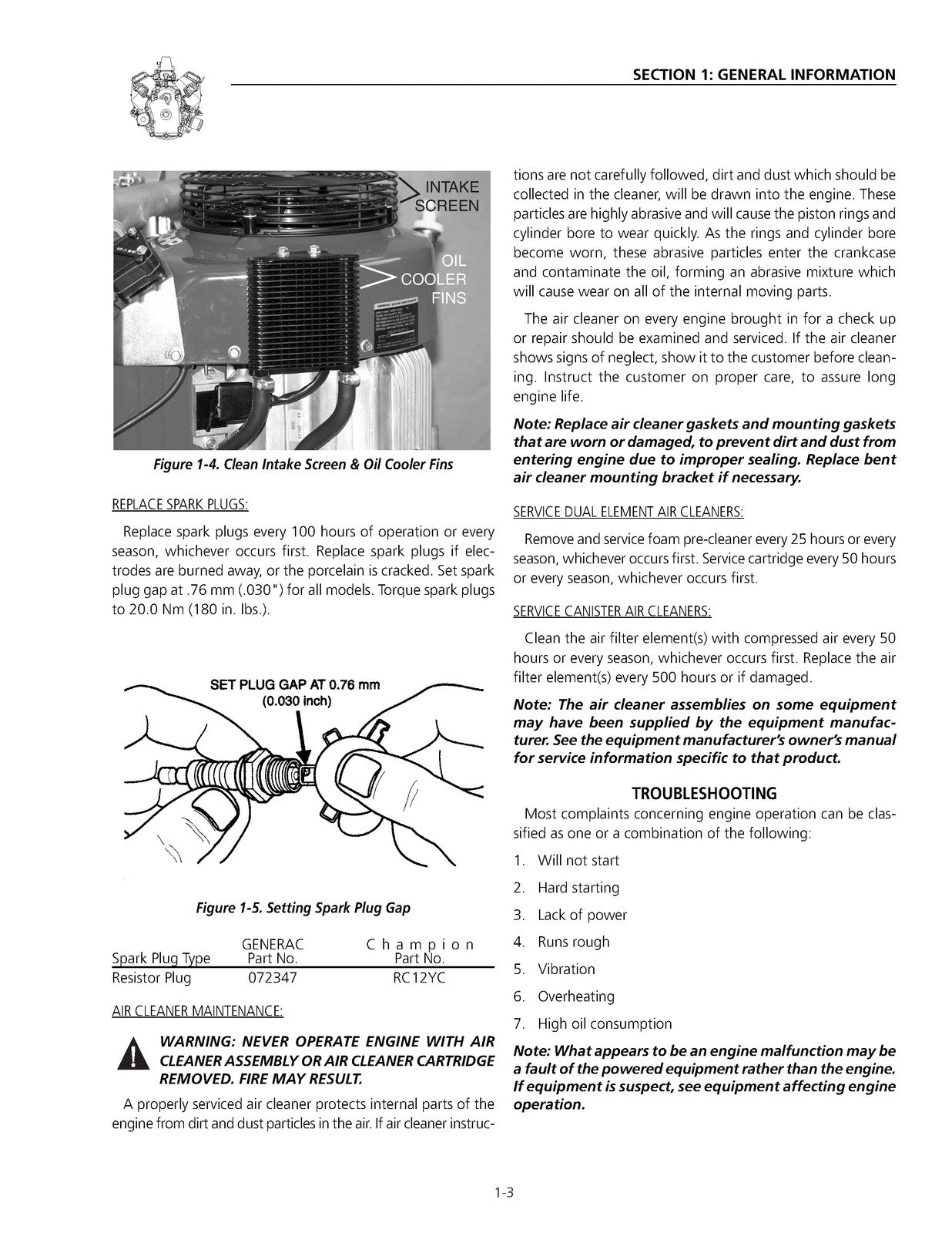 GENERAC GTV 900 760 V-Twin OHVI Engine Service Manual - WIRE BOUND - COVERS