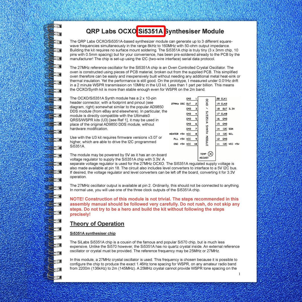QRP LABS OCXO Si5351A Synthesiser Module Assembly Manual - WIRE BOUND - COVERS