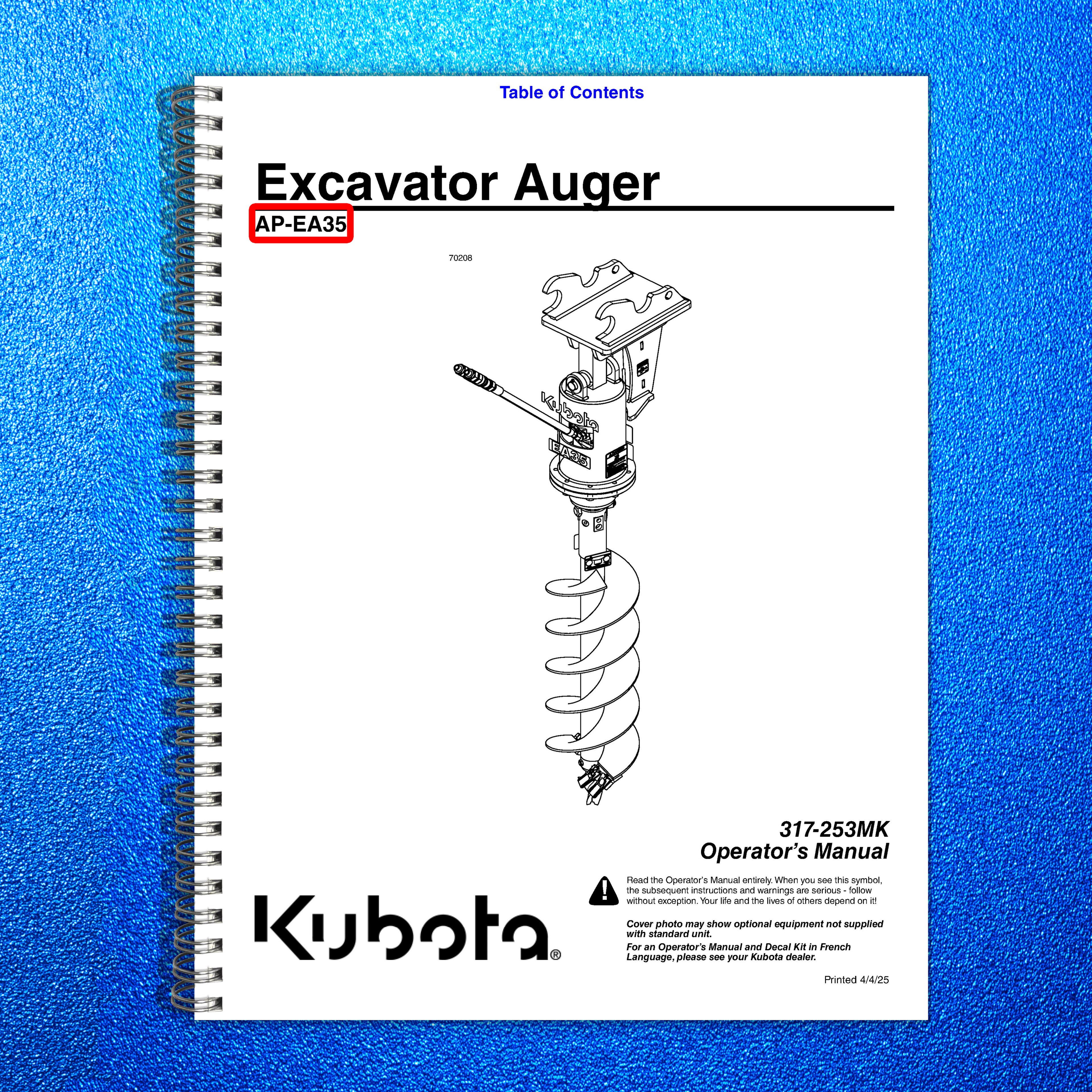 LAND PRIDE EA35 Excavator Augers Operators Manual - WIRE BOUND - TOUGH COVERS